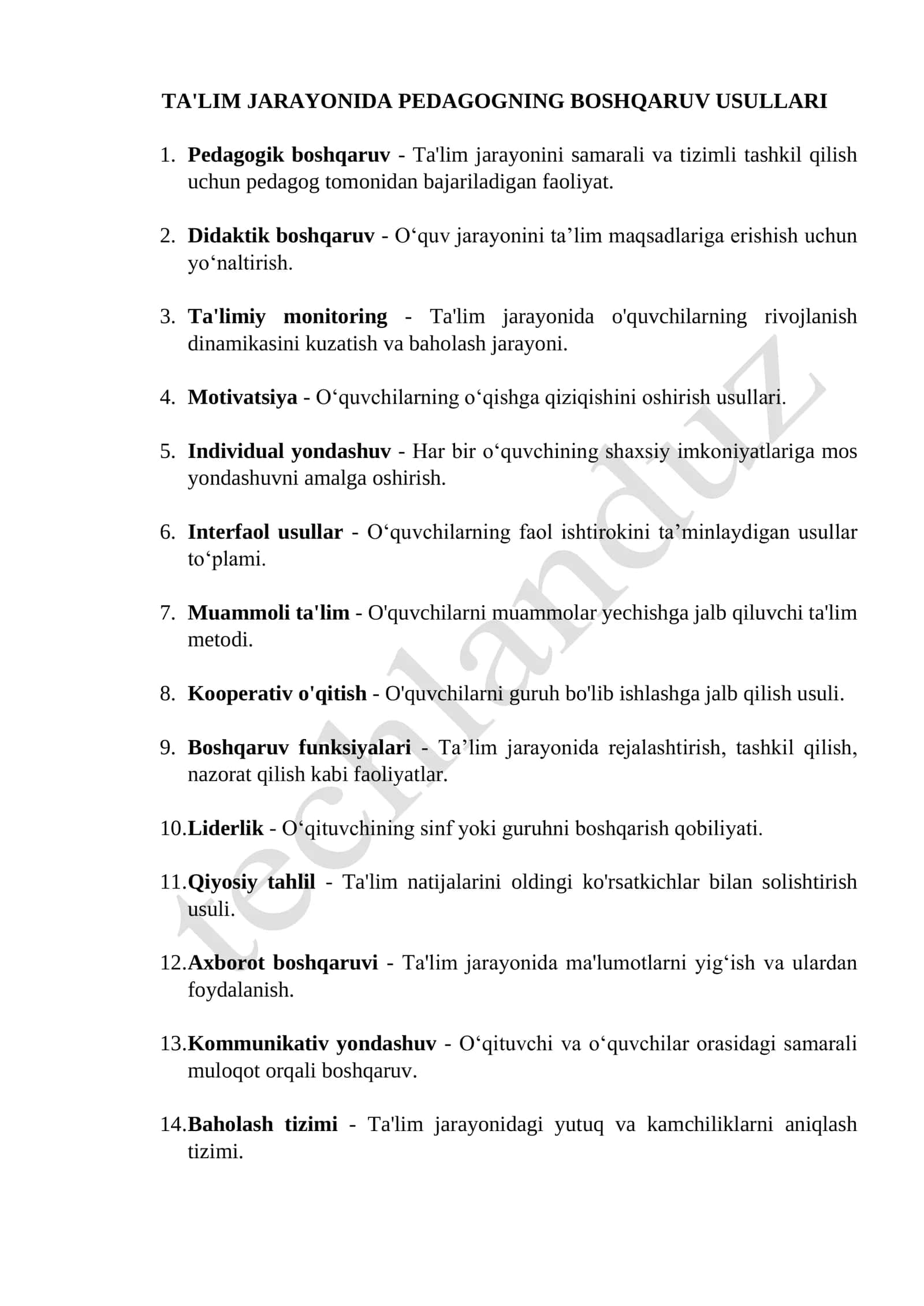 Ta'LIM JARAYONIDA PEDAGOGNING BOSHQARUV USULLARI