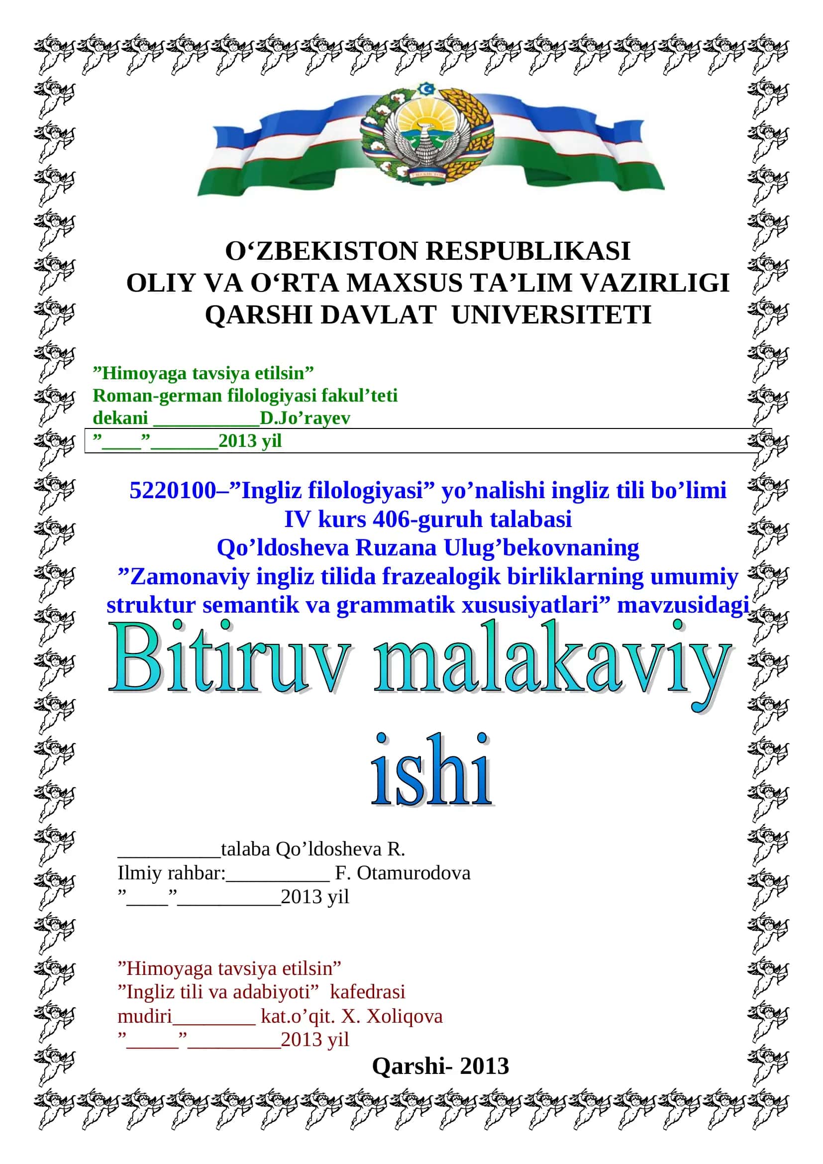 Zamonaviy ingliz tilida frazealogik birliklarning umumiy struktur semantik va grammatik xususiyatlari