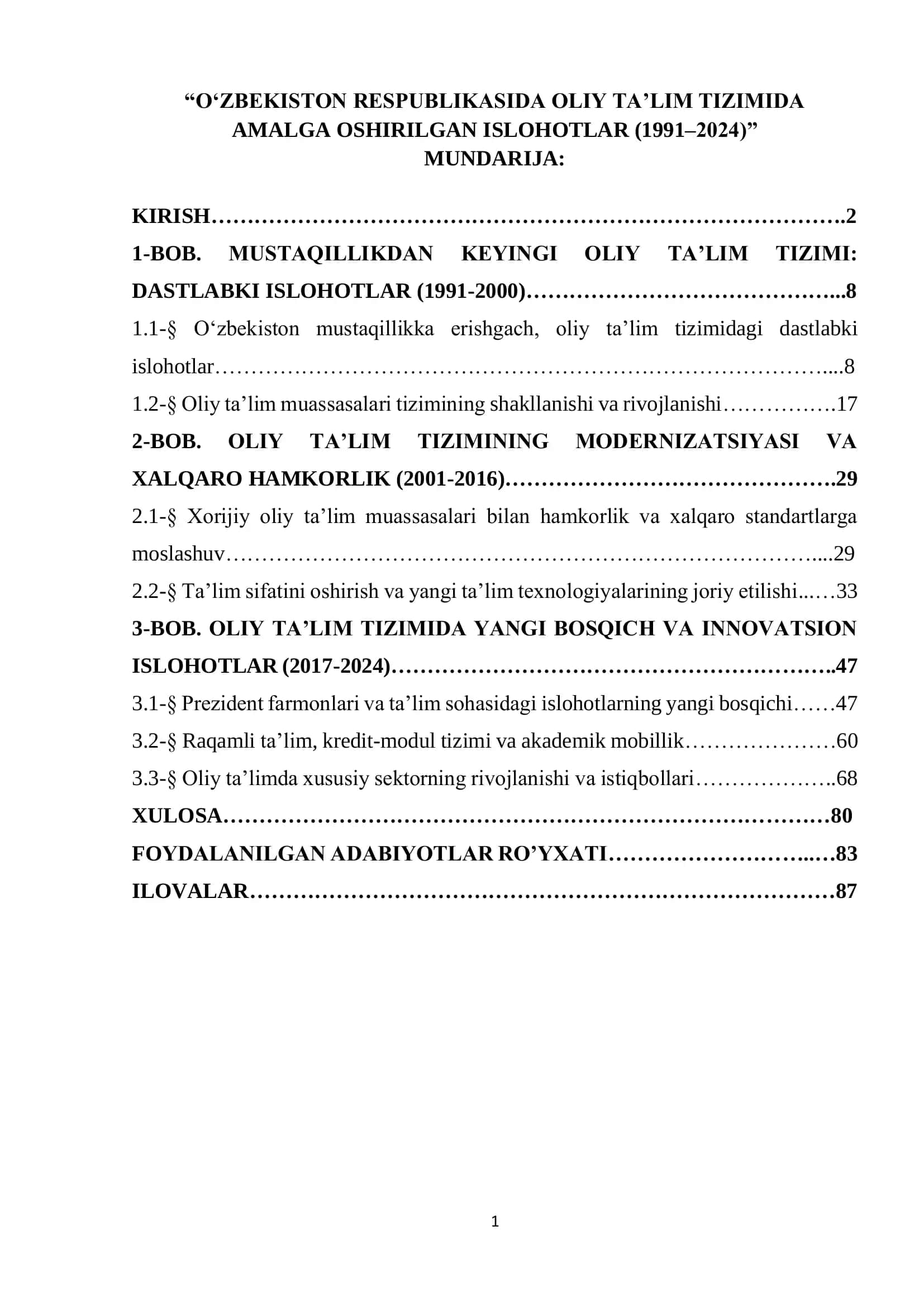O‘ZBEKISTON RESPUBLIKASIDA OLIY TA’LIM TIZIMIDA AMALGA OSHIRILGAN ISLOHOTLAR (1991– 2024)