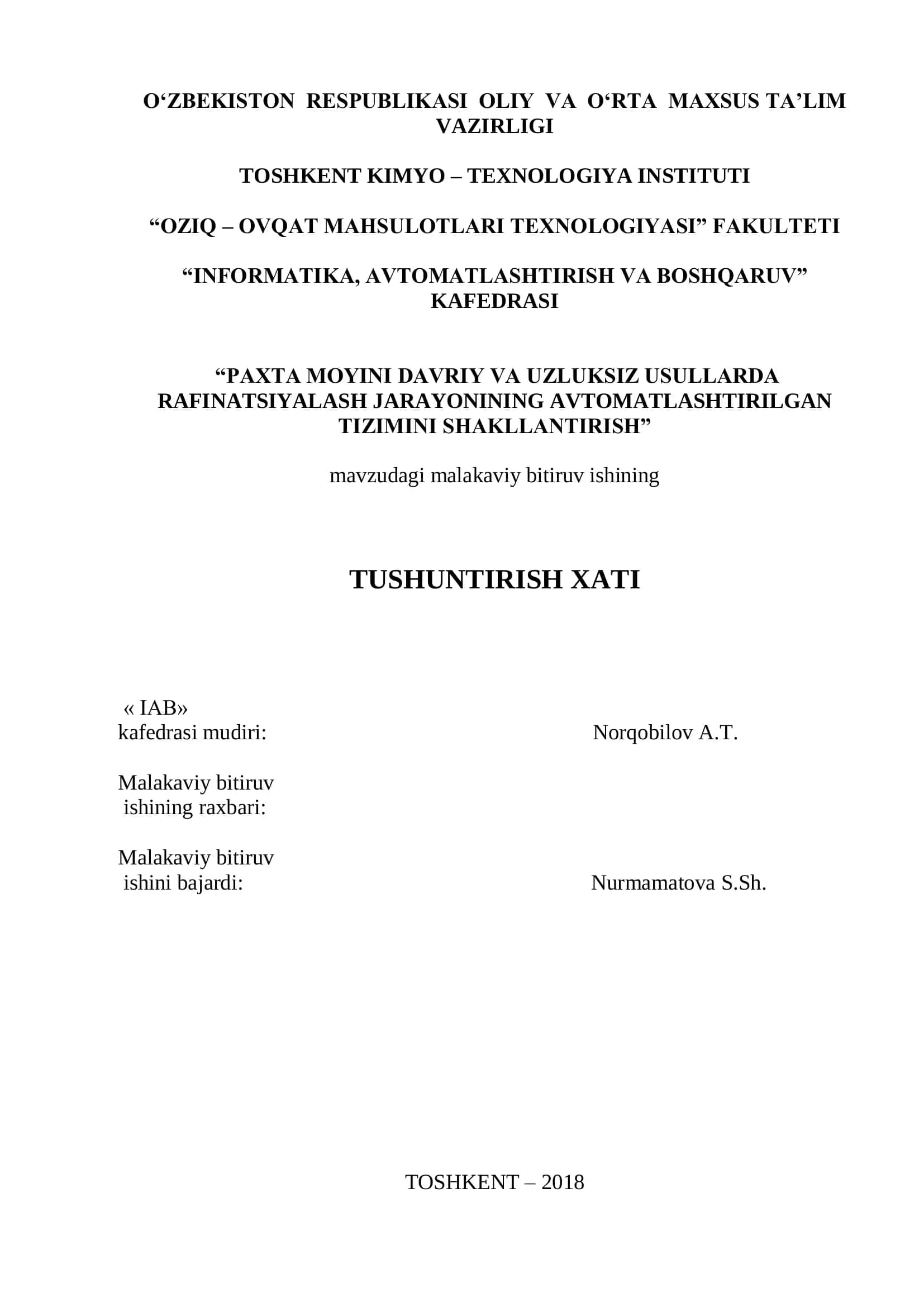 OZIQ – OVQAT MAHSULOTLARI TEXNOLOGIASI