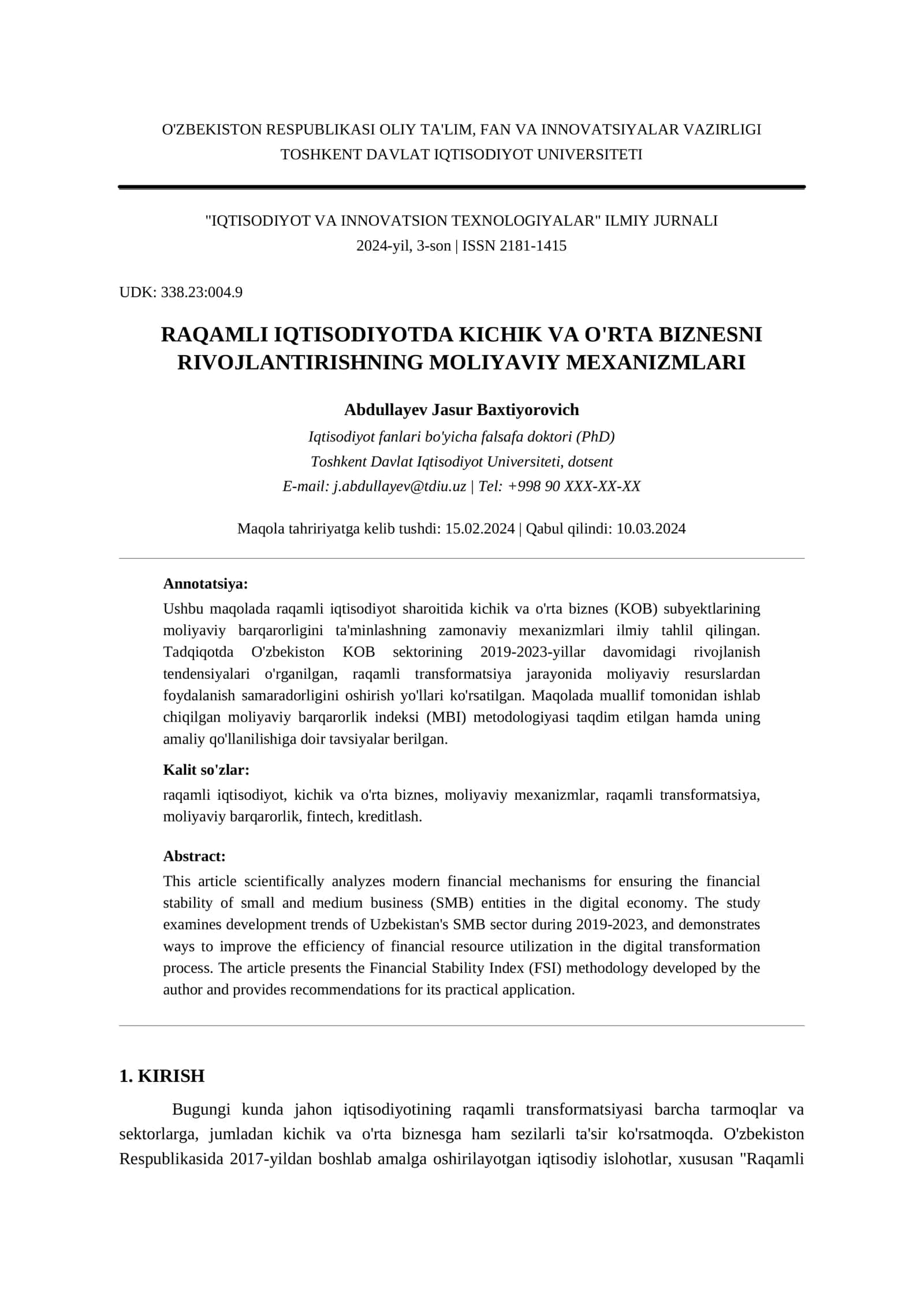 Raqamli Iqtisodiyotda Kichik va O'rta Biznesni Rivojlantirishning Maliyaviy Mexanizmlari