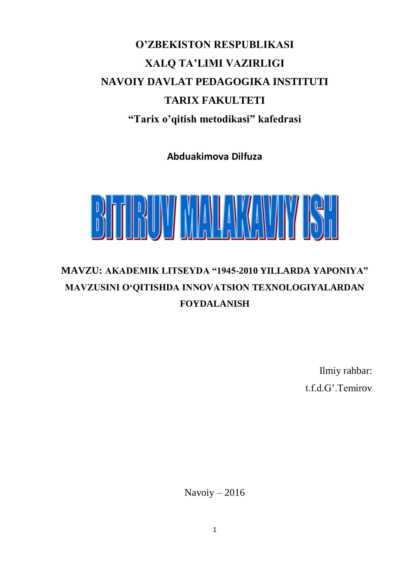 MAVZU: AKADEMIK LITSEYDA “1945-2010 YILLARDA YAPONIYA”