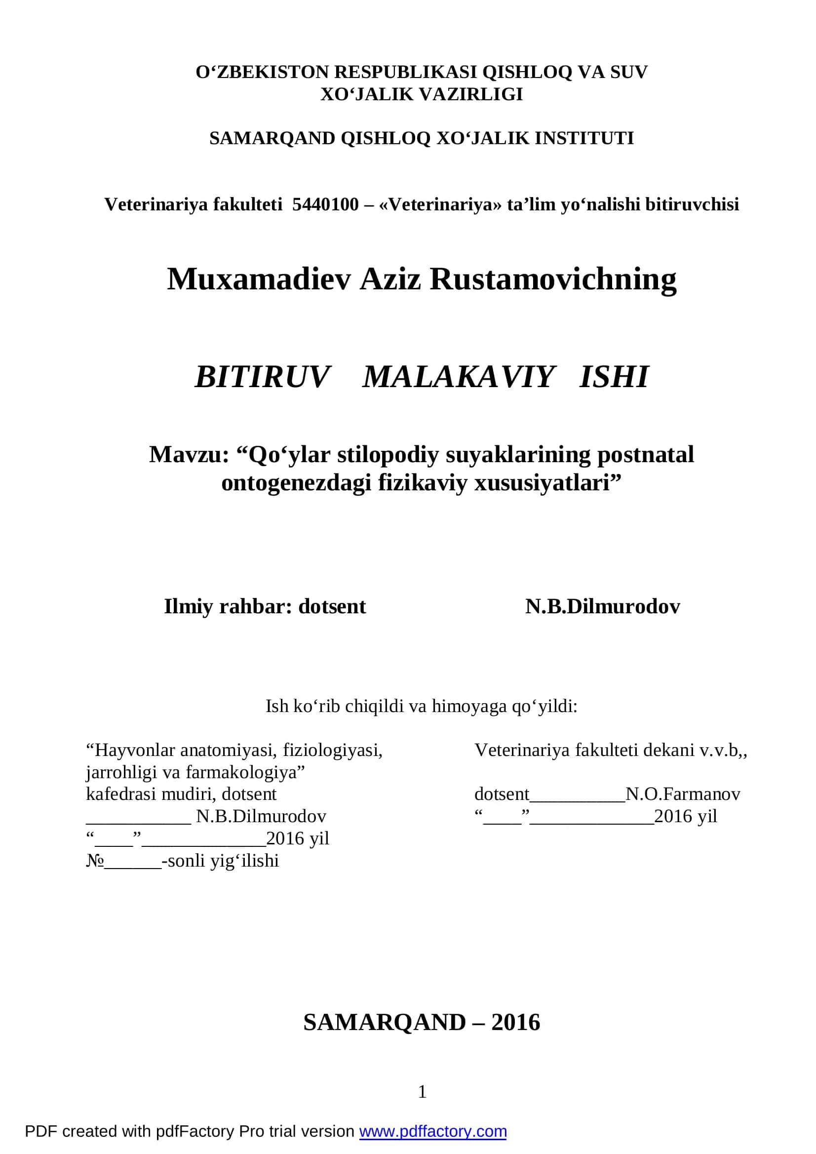 Qo‘ylar stilopodiy suyaklarining postnatal ontogenezdagi fizikaviy xususiyatlari