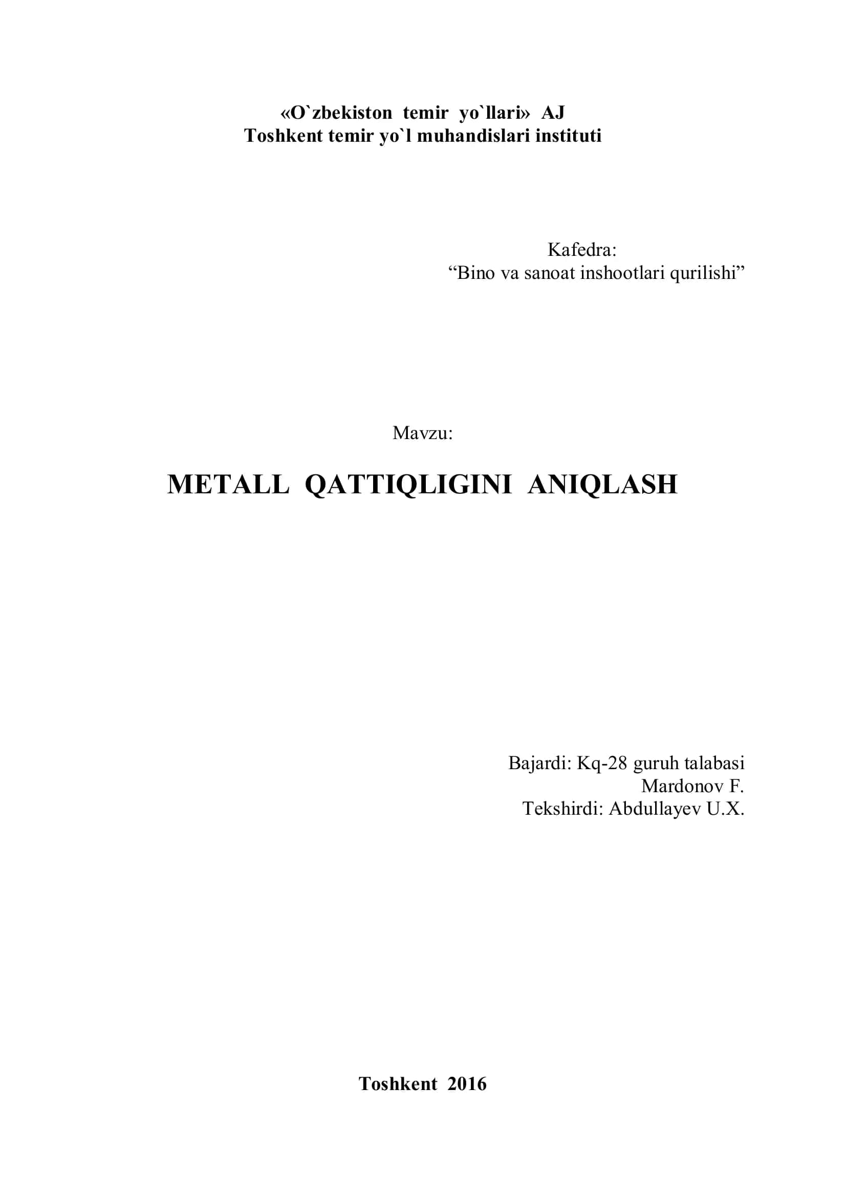 METALL QATTIQLIGINI ANIQLASH