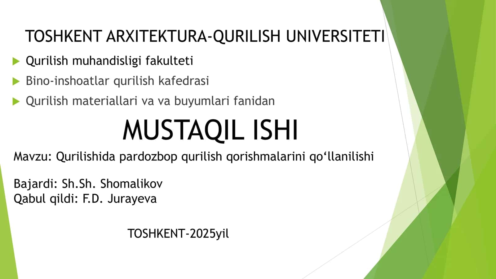 Qurilishida pardozbop qurilish qorishmalarini qo‘llanilishi