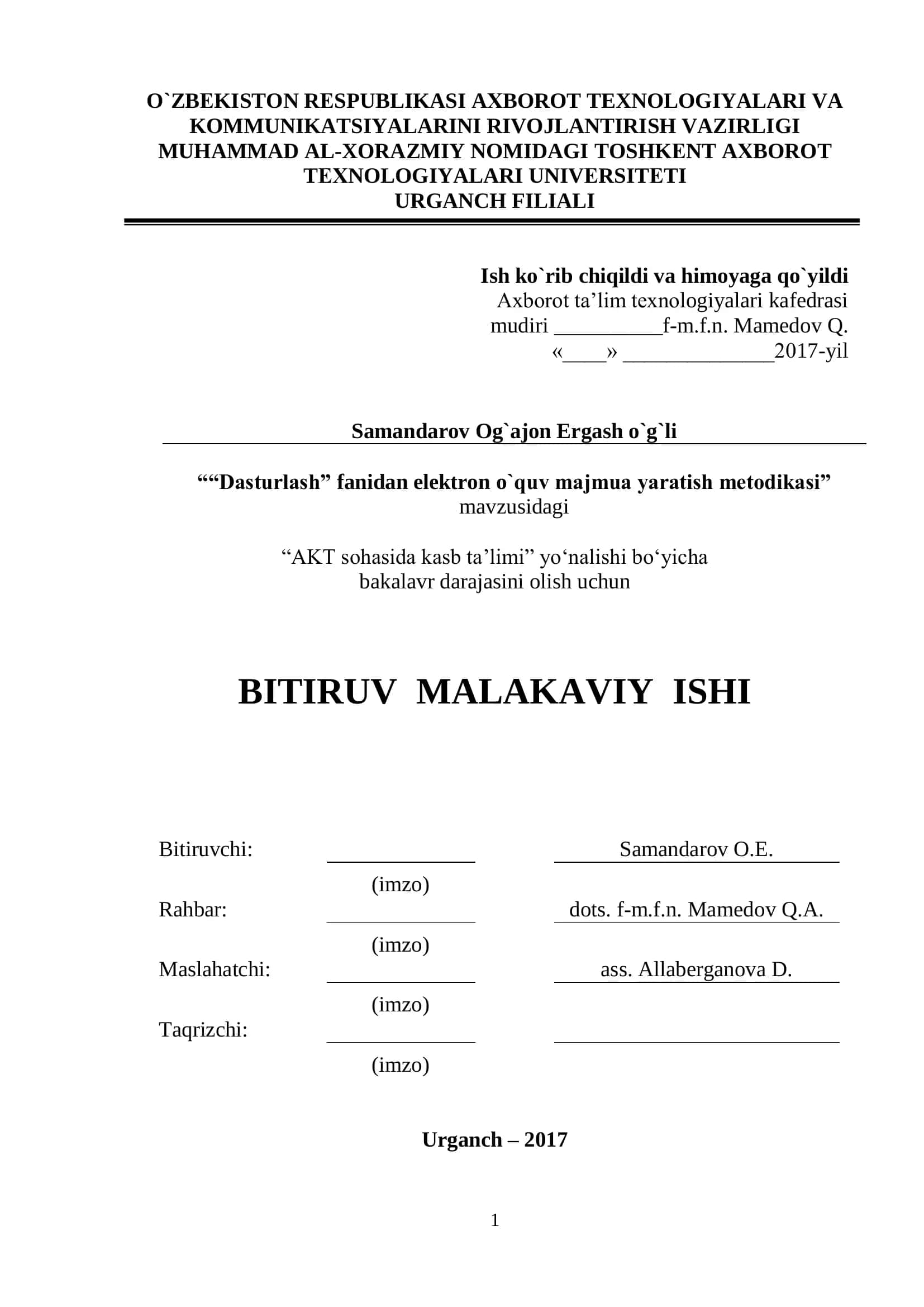 “Dasturlash” fanidan elektron o`quv majmua yaratish metodikasi”