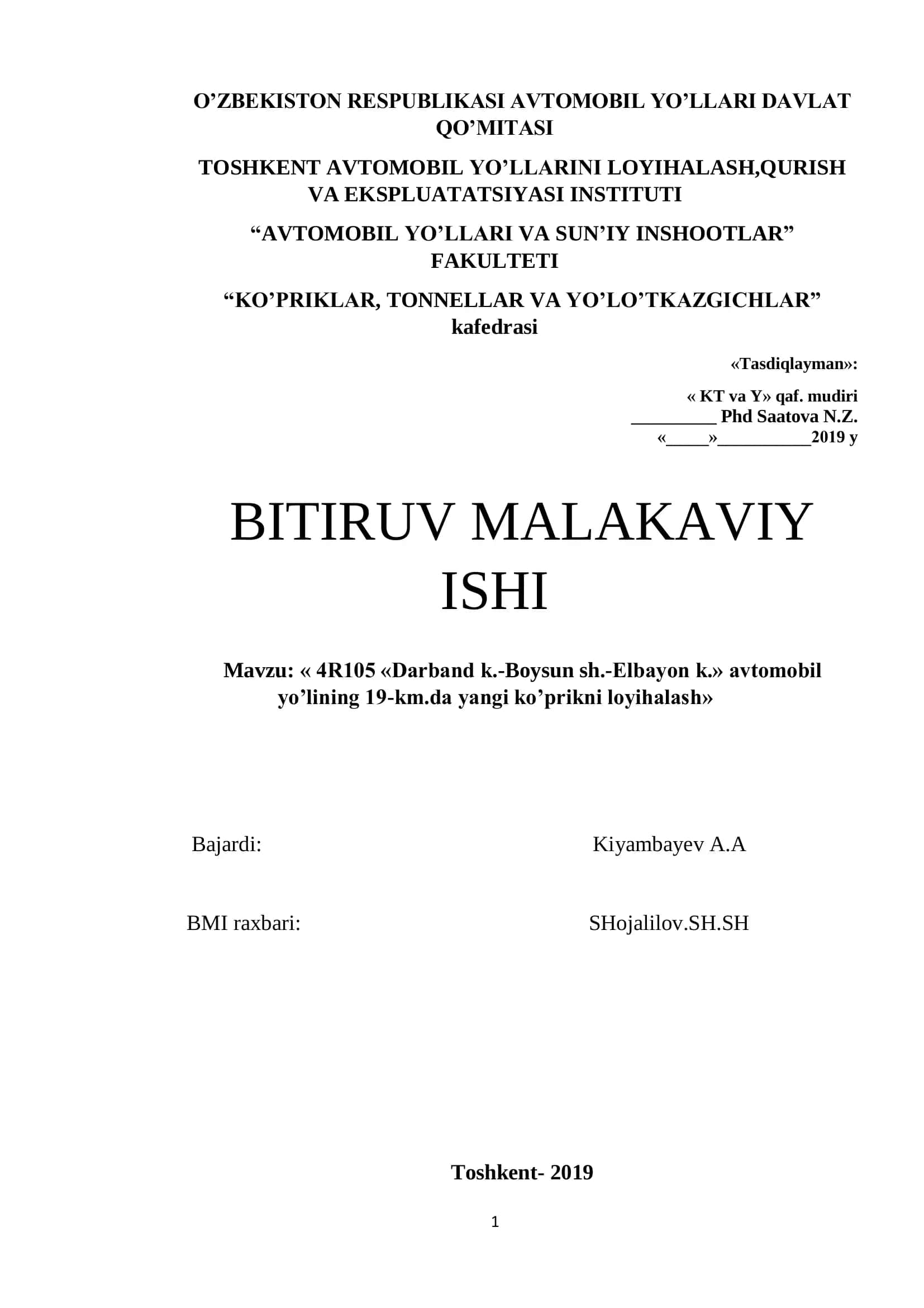 Darband k.-Boysun sh.-Elbayon k. avtomobil yo’lining 19-km.da yangi ko’prikni loyihalash