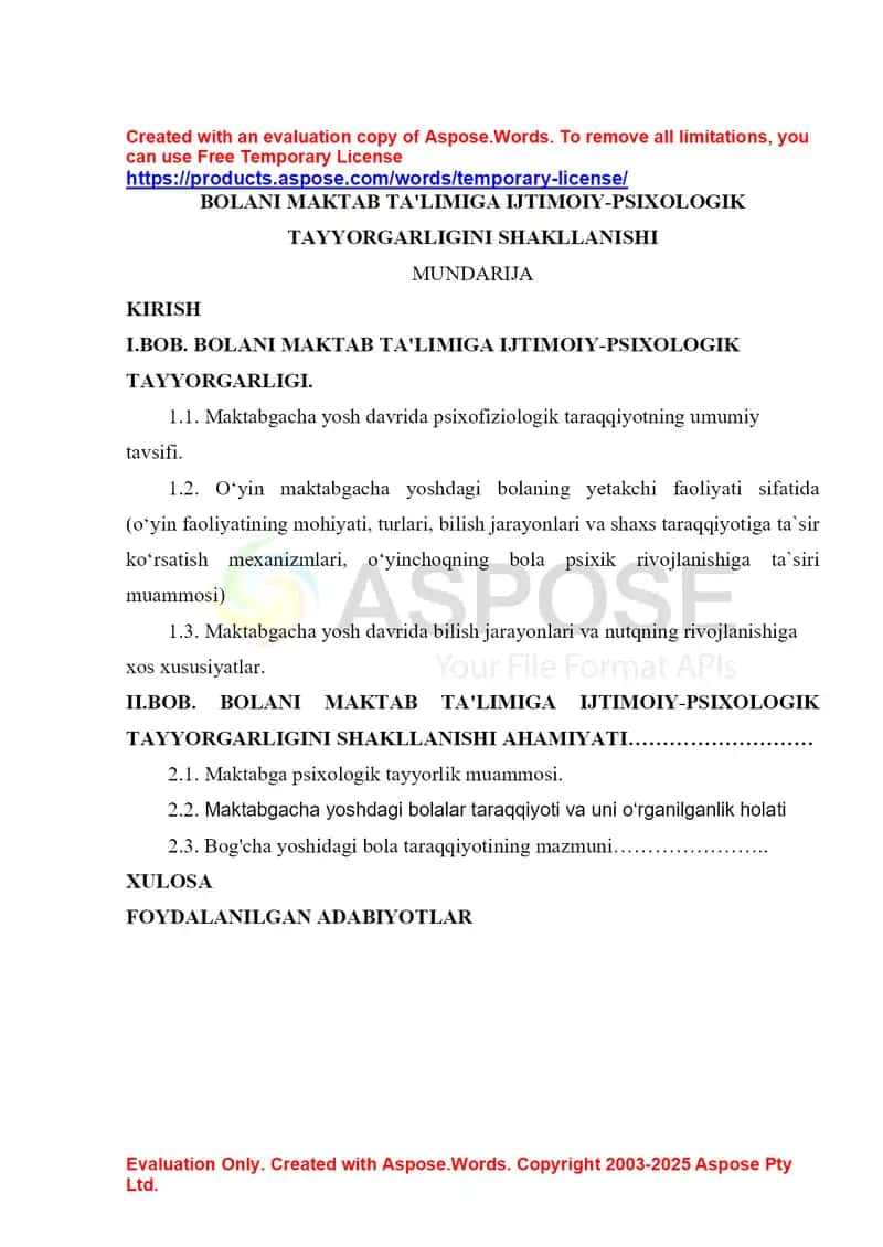 Bolani maktab ta’limiga ijtimoiy-psixologik tayyorgarligini shakllanishi