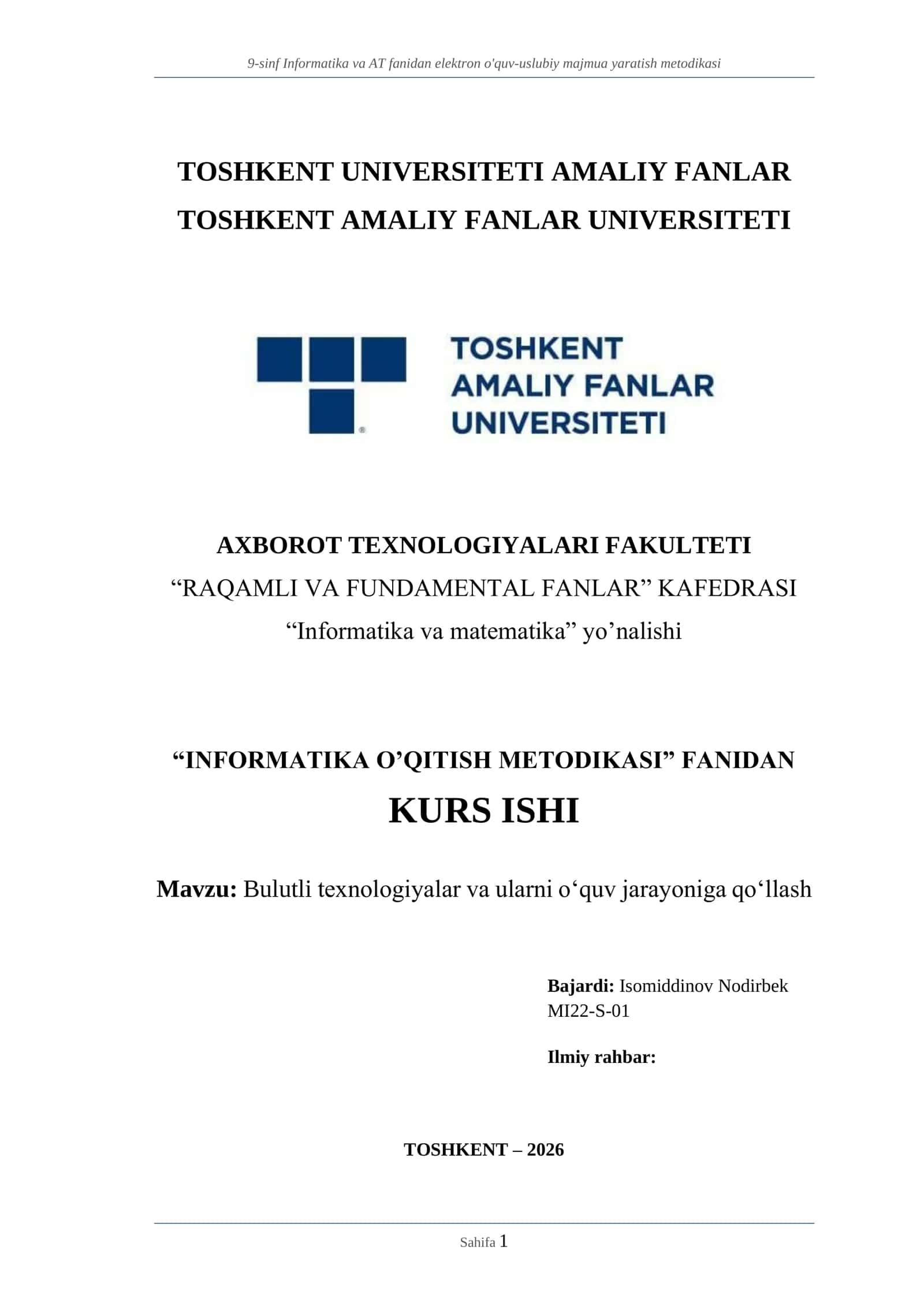 9-sinf Informatika va AT fanidan elektron o'quv-uslubiy majmua yaratish metodikasi