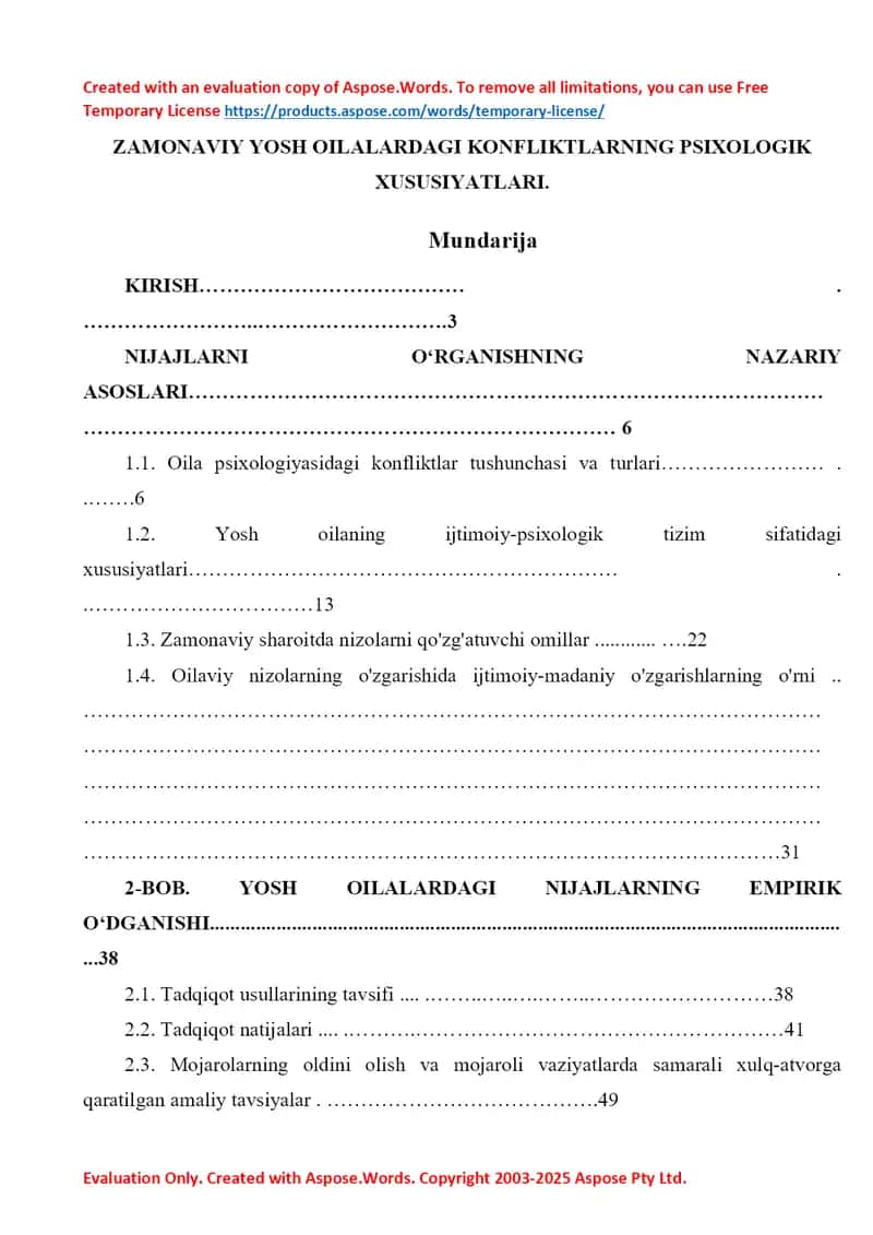 Zamonaviy yosh oilalardagi konfliktlarning psixologik xususiyatlari