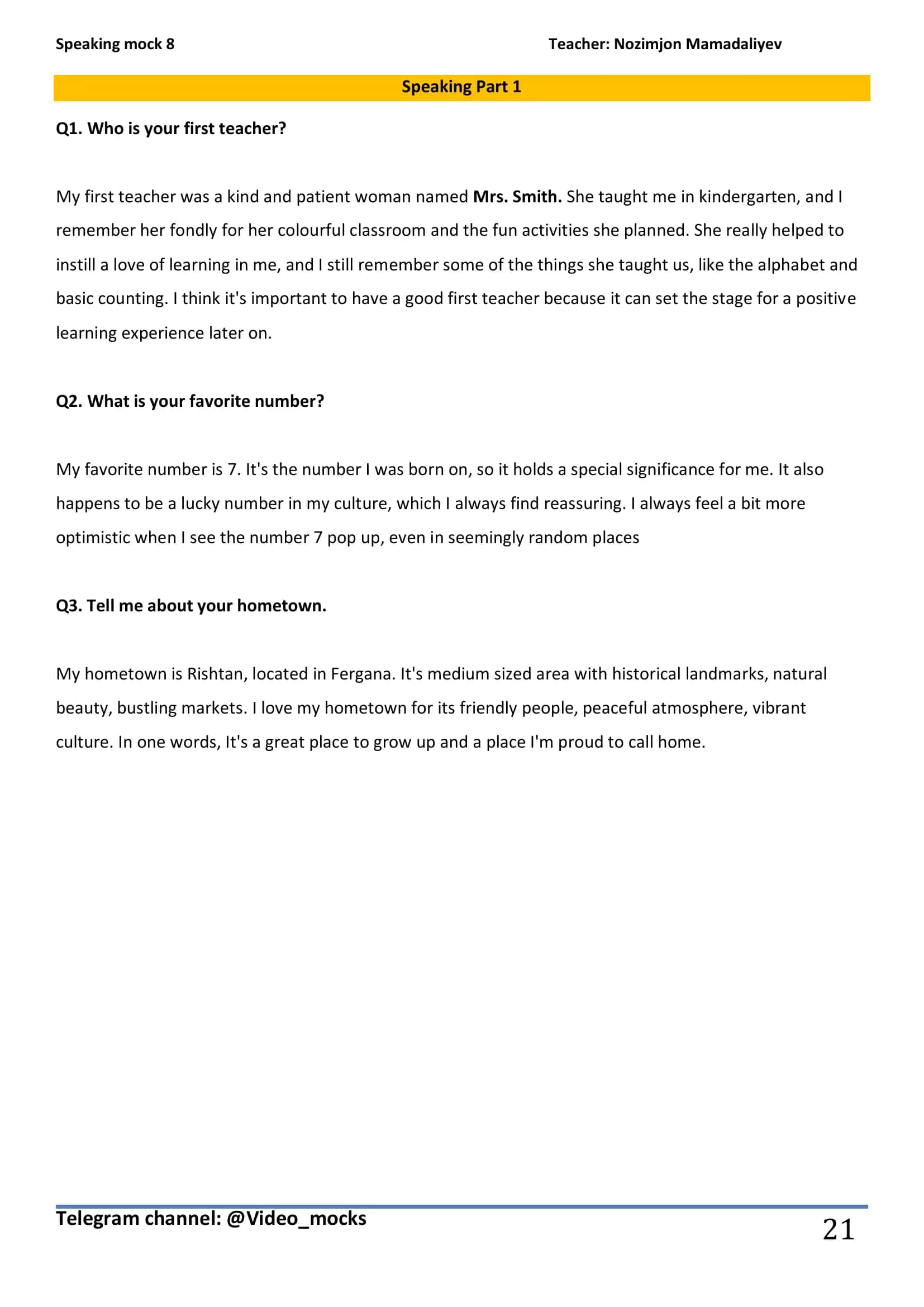 Speaking mock 8