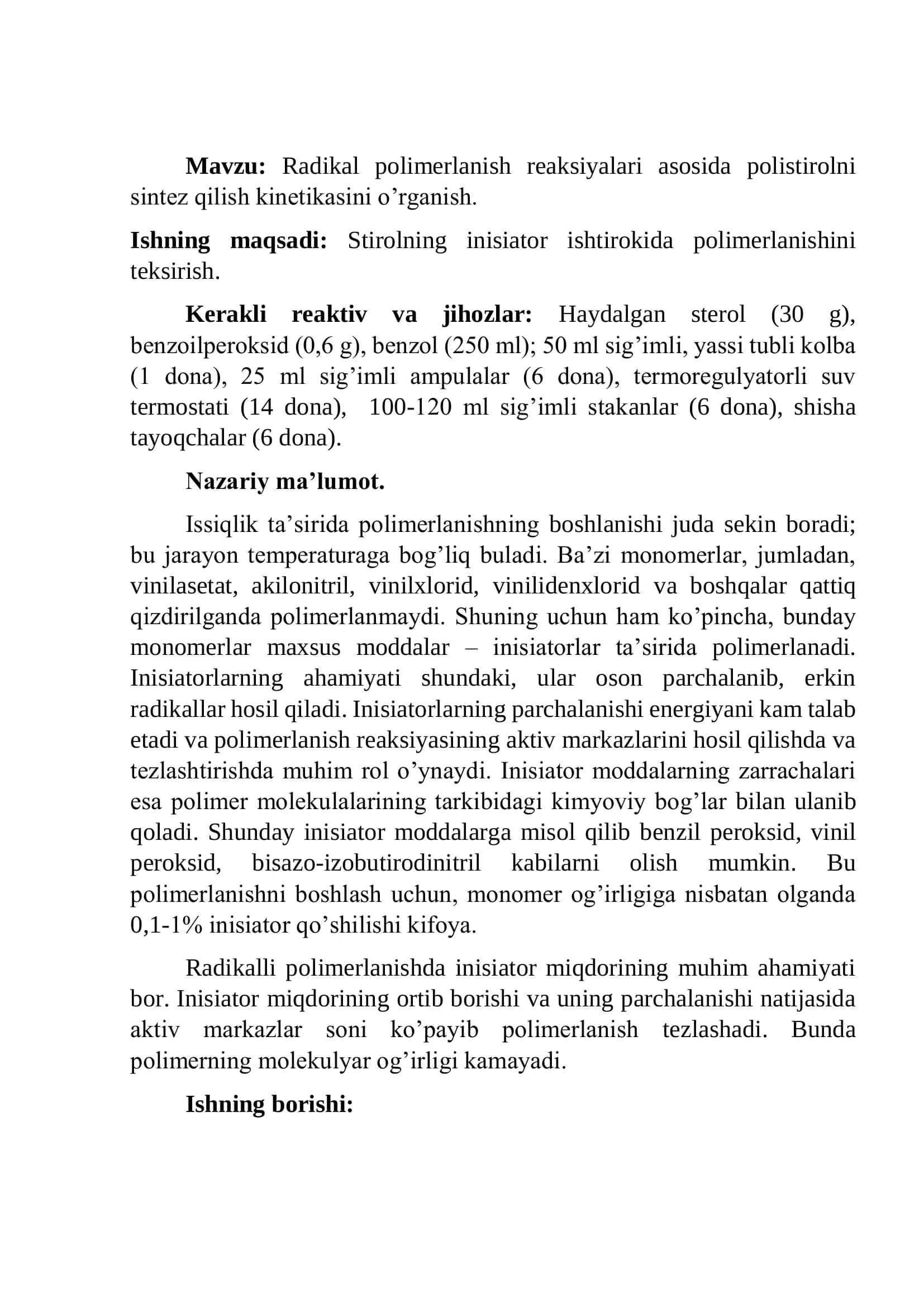 Radikal polimerlanish reaksiyalari asosida polistirolni sintez qilish kinetikasini o’rganish