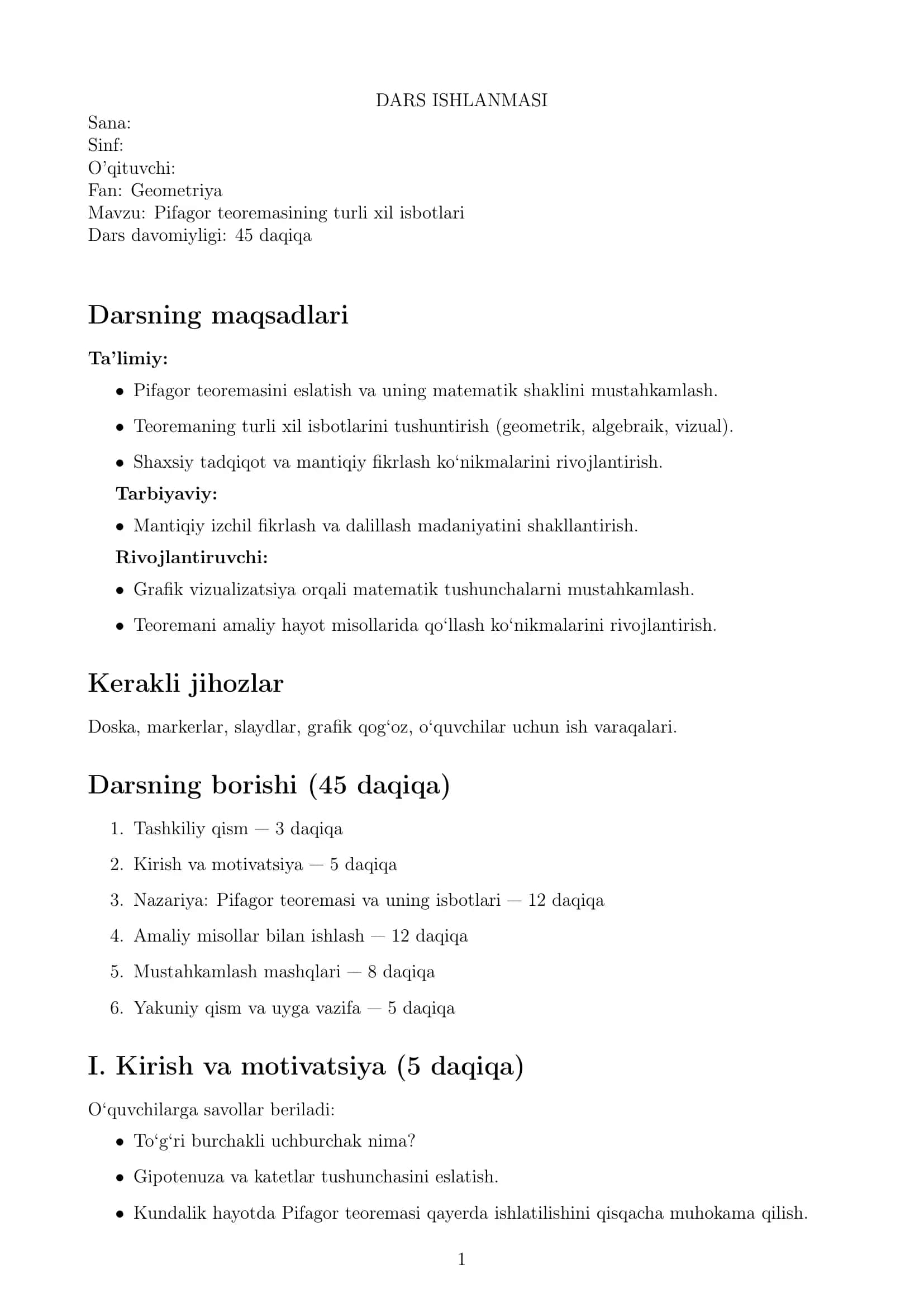 Pifagor teoremasining turli xil isbotlari ( Dars ishlanmasi )