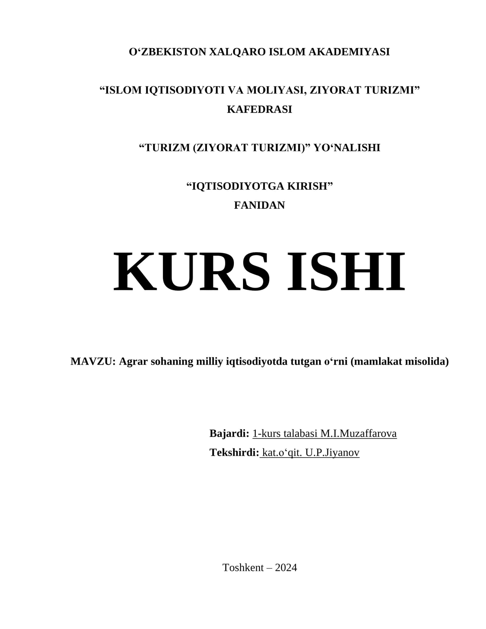 Milliy iqtisodiyotda agrar sohaning o'rni va ahamiyati (Kurs ishi / Tayyor ilmiy ish)