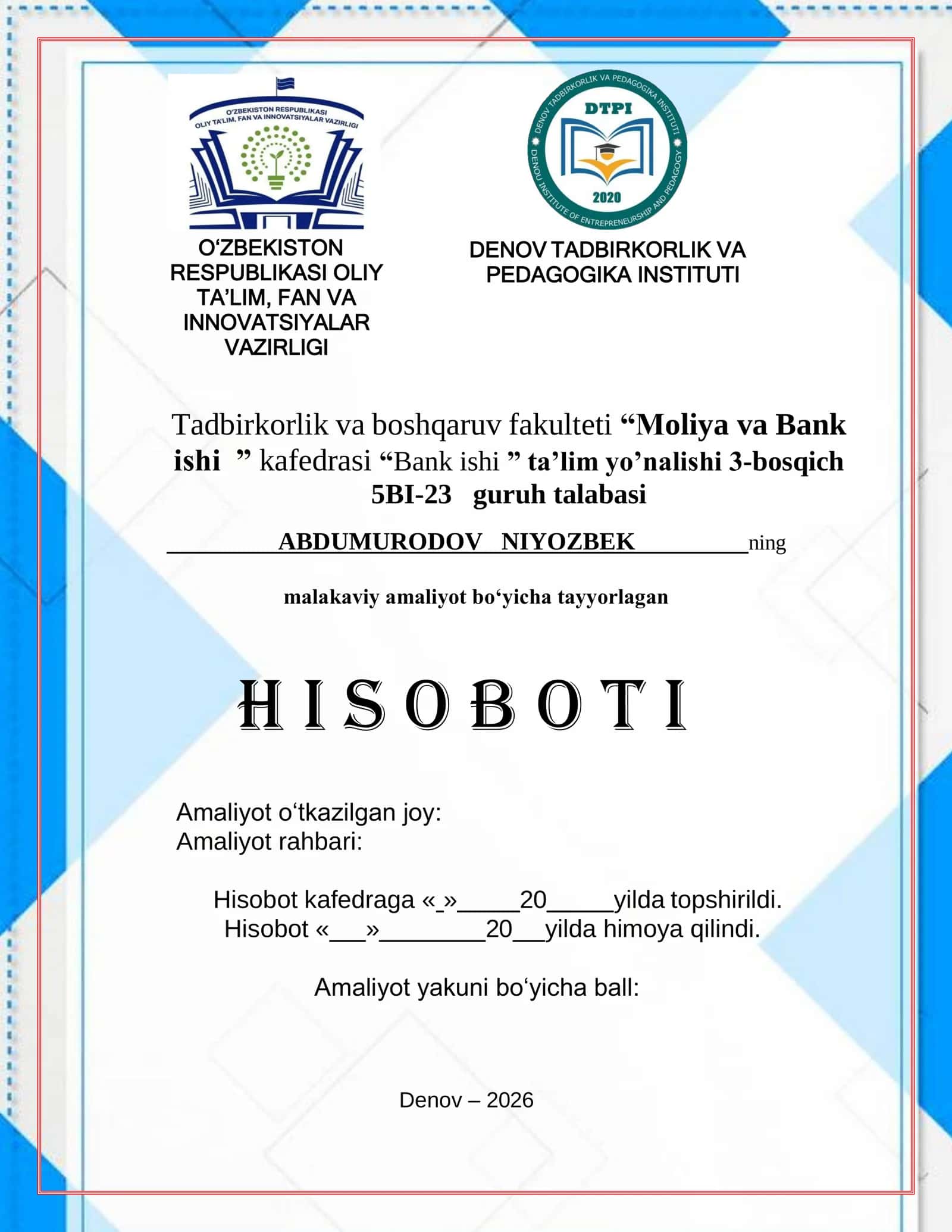 Abgrobok hamda ATB "Agrobank" Sho‘rchi haqida malakaviy amaliyot HISOBOTI