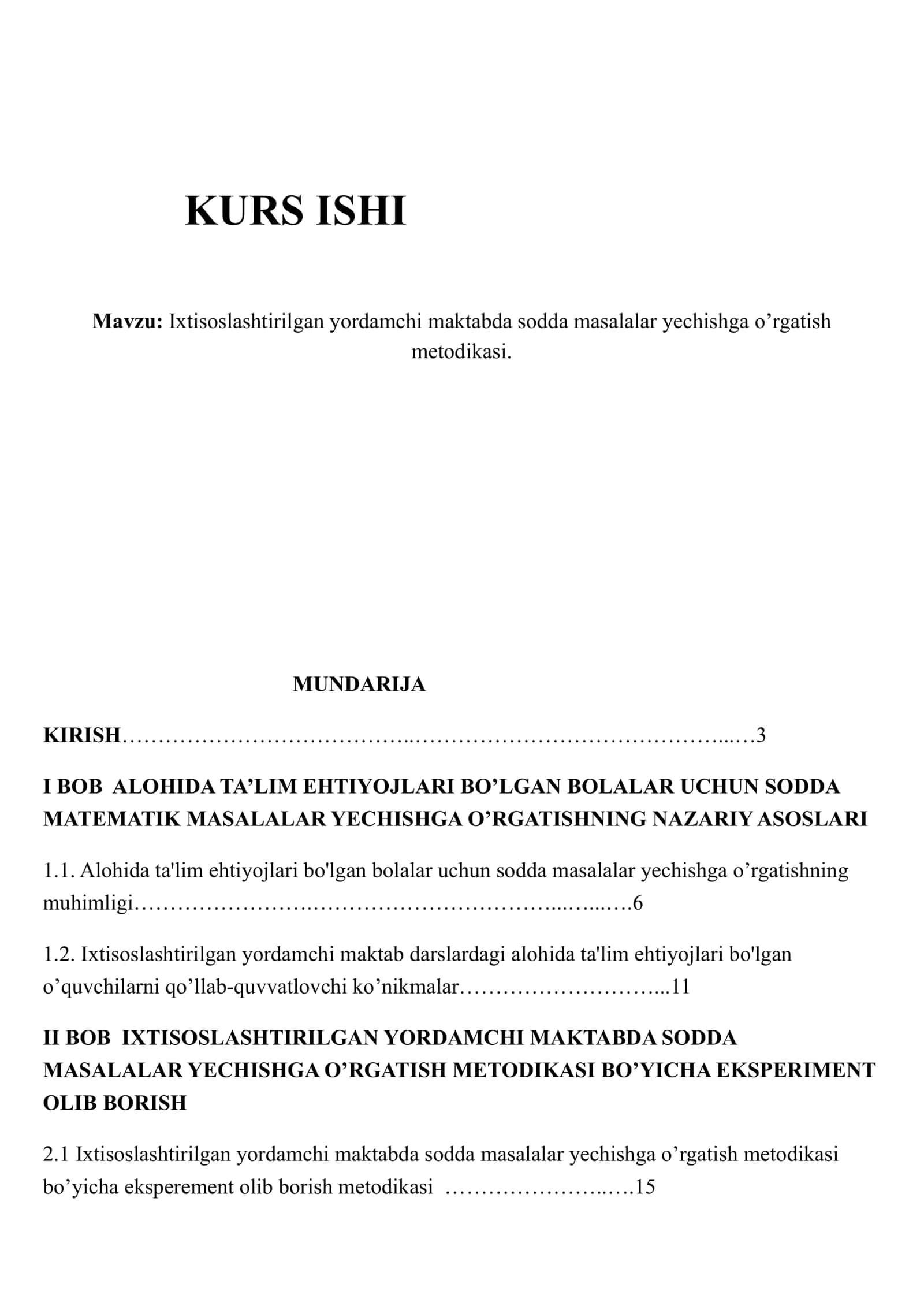 Ixtisoslashtirilgan yordamchi maktabda sodda masalalar yechishga o’rgatish metodikasi