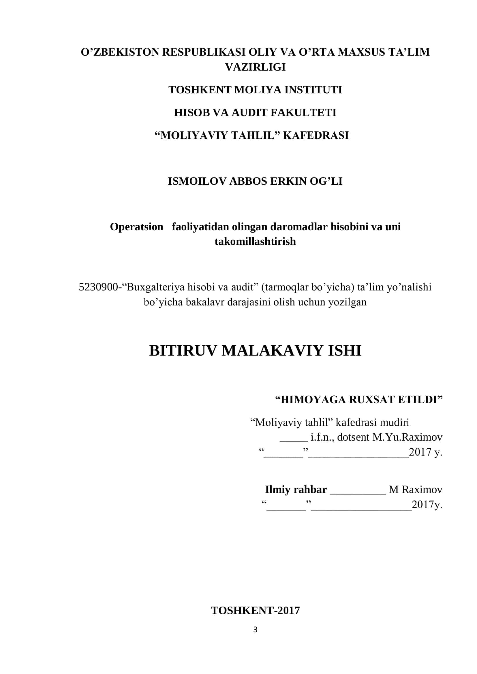 Operatsion faoliyatidan olingan daromadlar hisobini va uni takomillashtirish