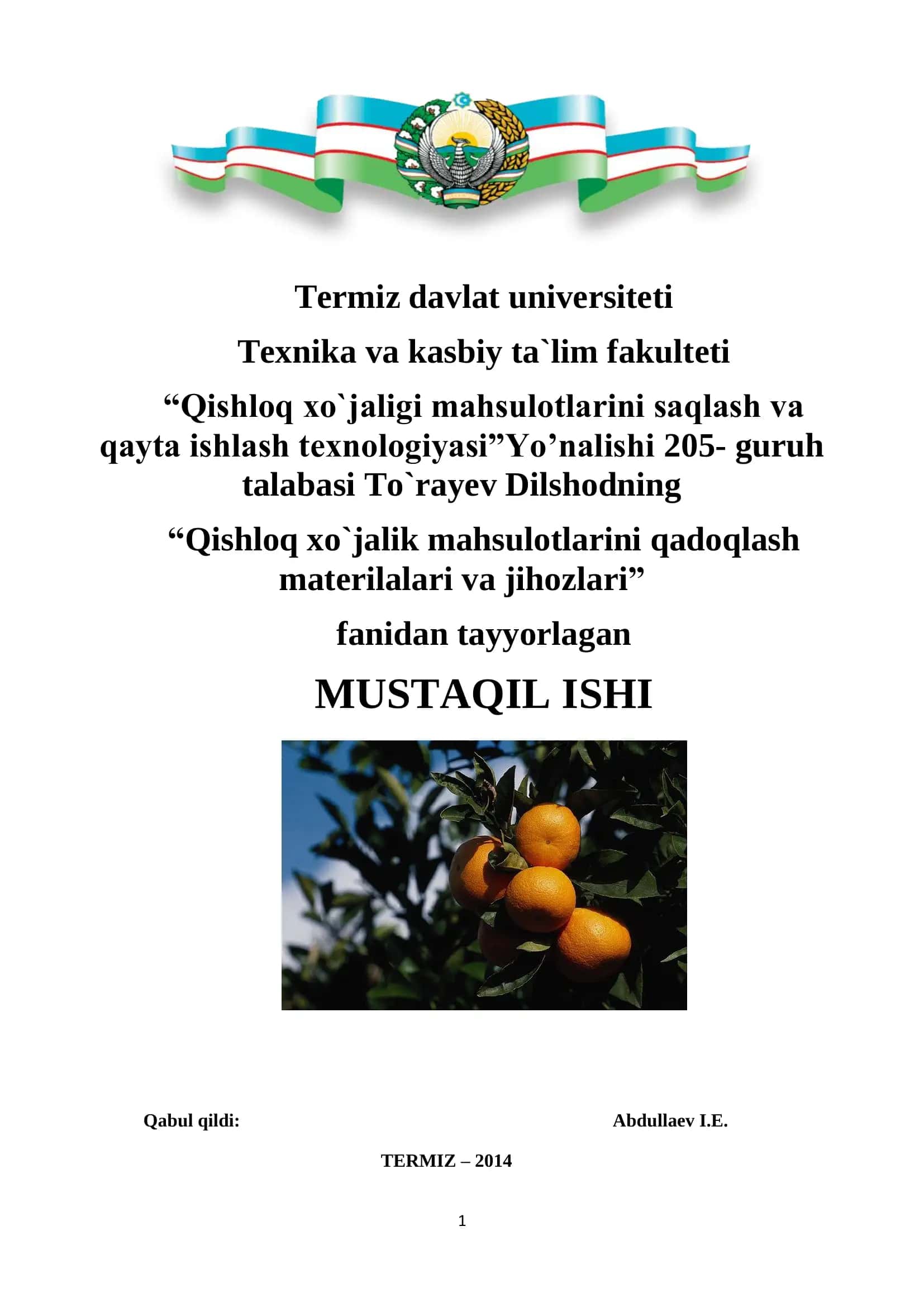 Qishloq xo`jaligi mahsulotlarini saqlash va qayta ishlash texnologiyasi