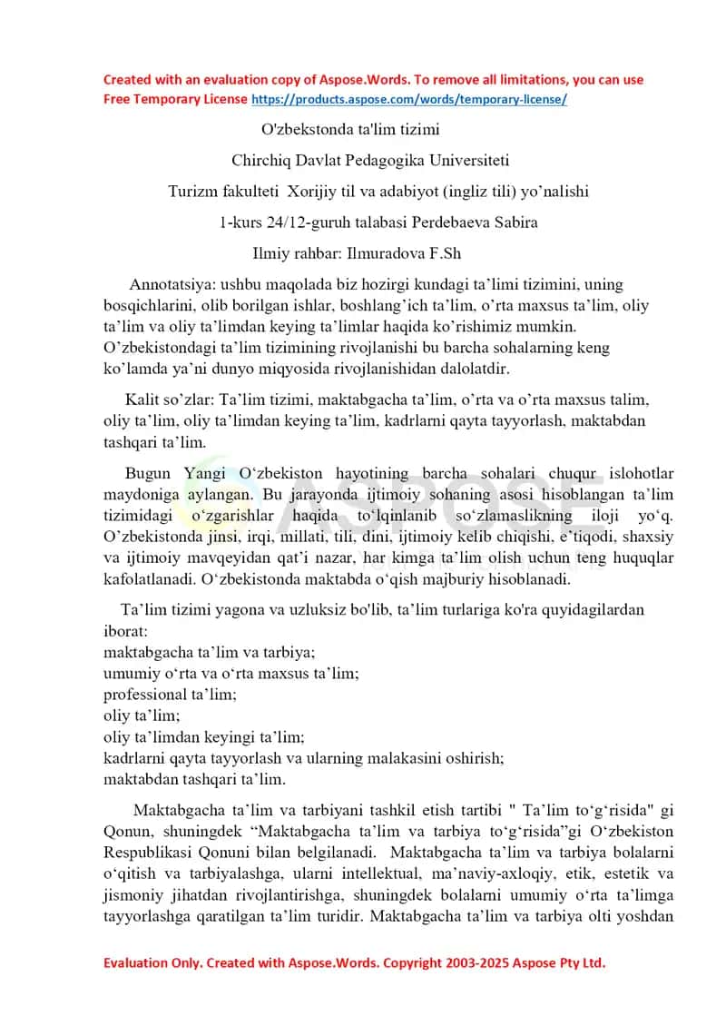 O'zbekistonda ta'lim tizimi
