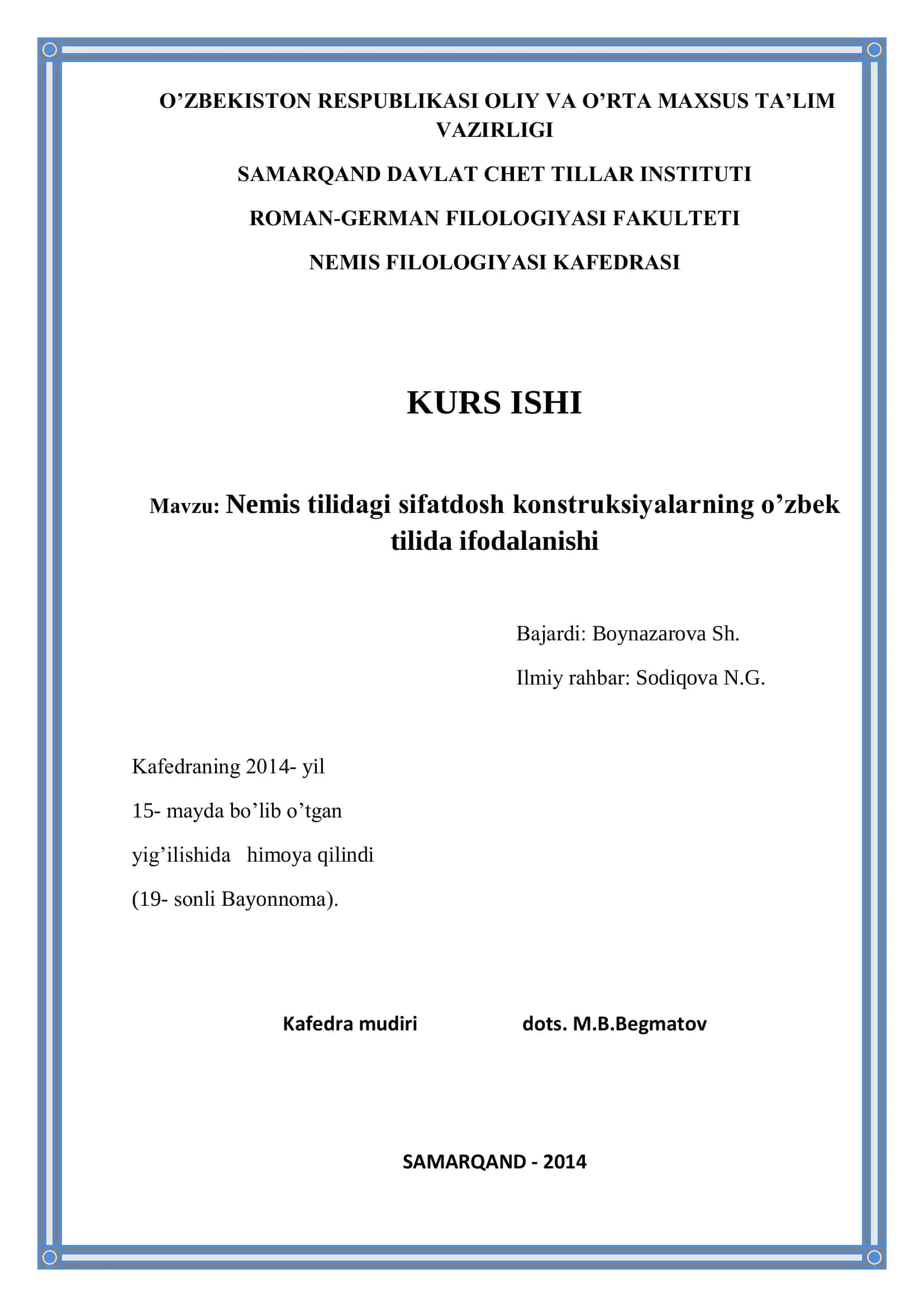 Nemis tilidagi sifatdosh konstruksiyalarning o’zbek tilida ifodalanishi