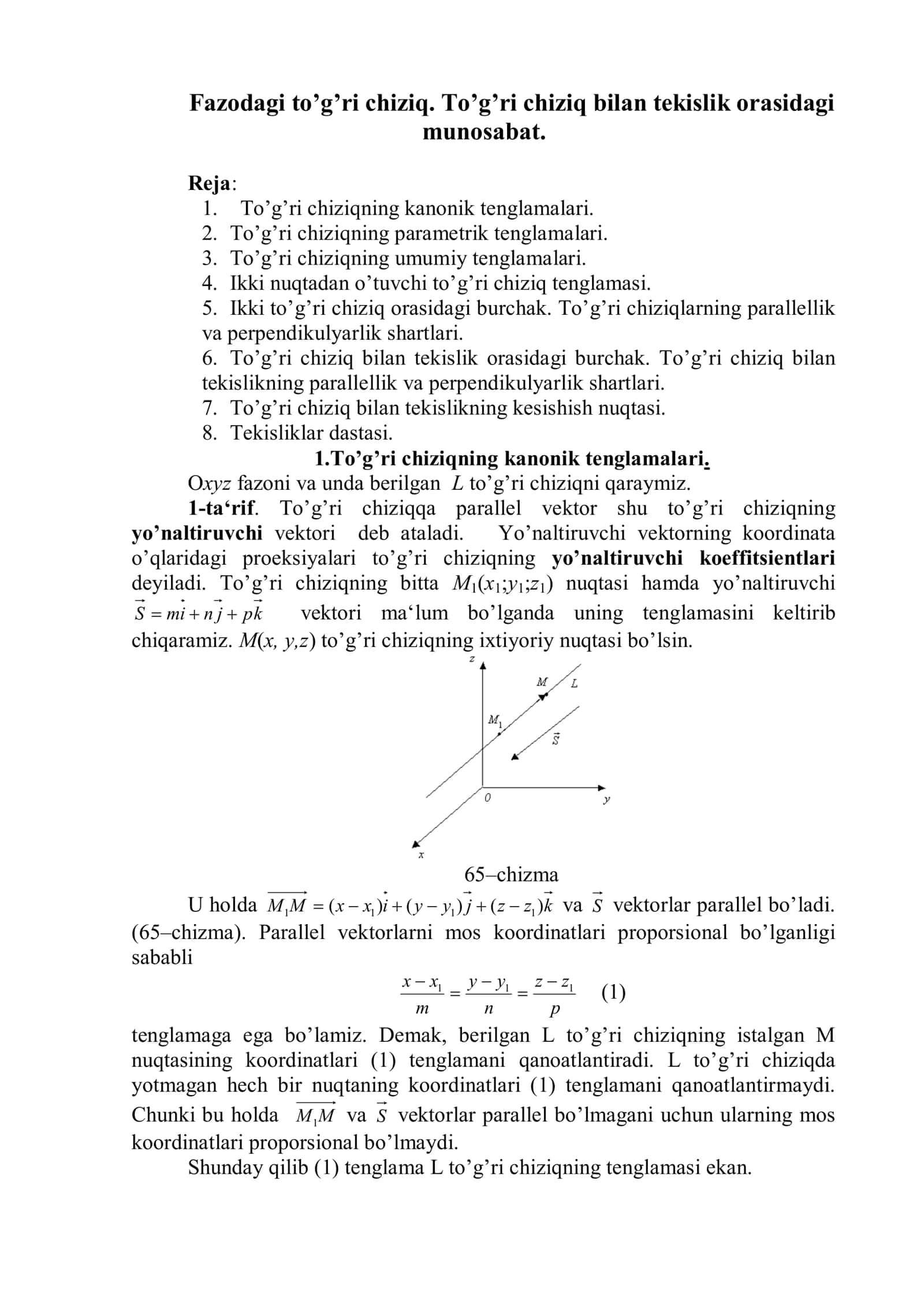To’g’ri chiziqning kanonik tenglamalari