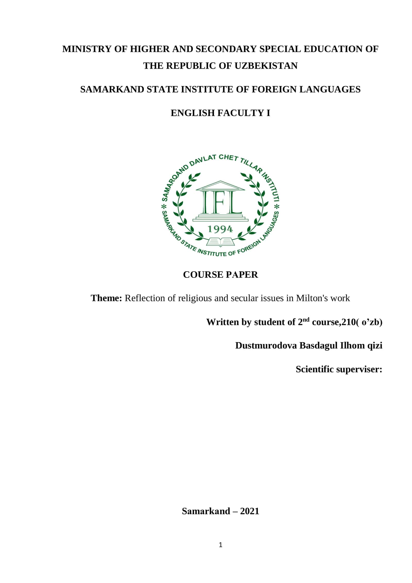 Course Paper on Reflection of Religious and Secular Issues in Milton's Work