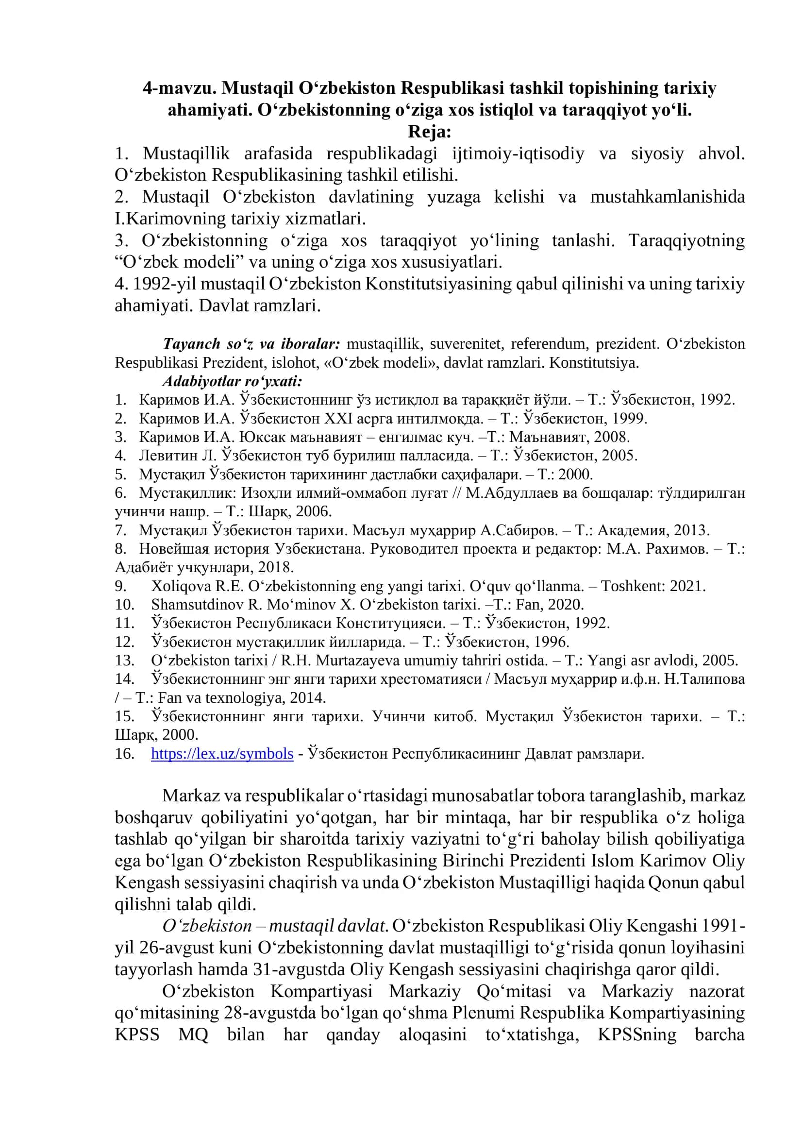 Mustaqil O‘zbekiston Respublikasi tashkil topishining tarixiy ahamiyati
