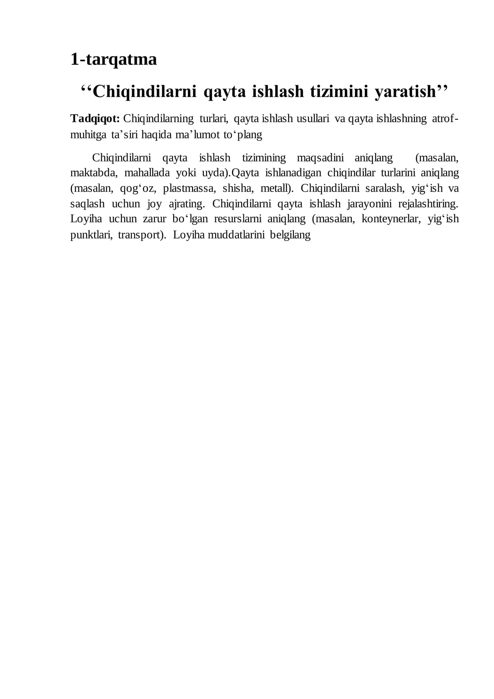 Chiqindilarni qayta ishlash tizimini yaratish
