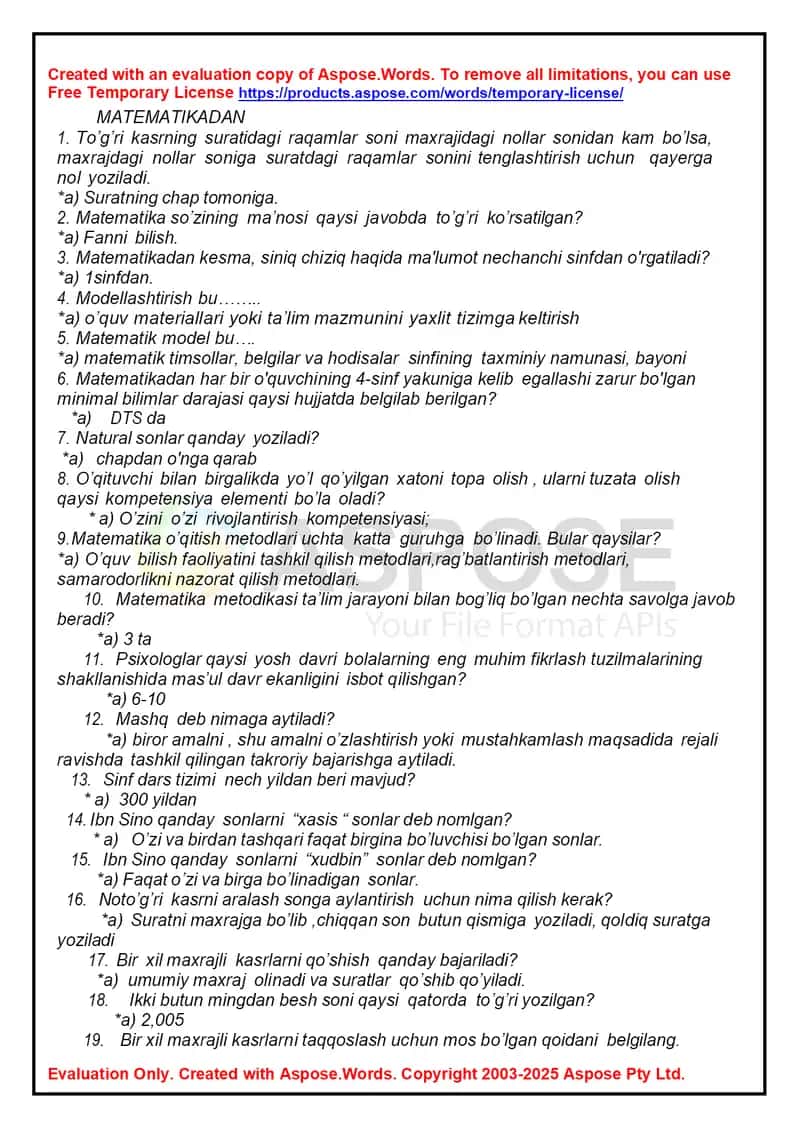 MATEMATIKADAN ped mahorat test savollari javoblari bilan avgust 2025 boshlangich