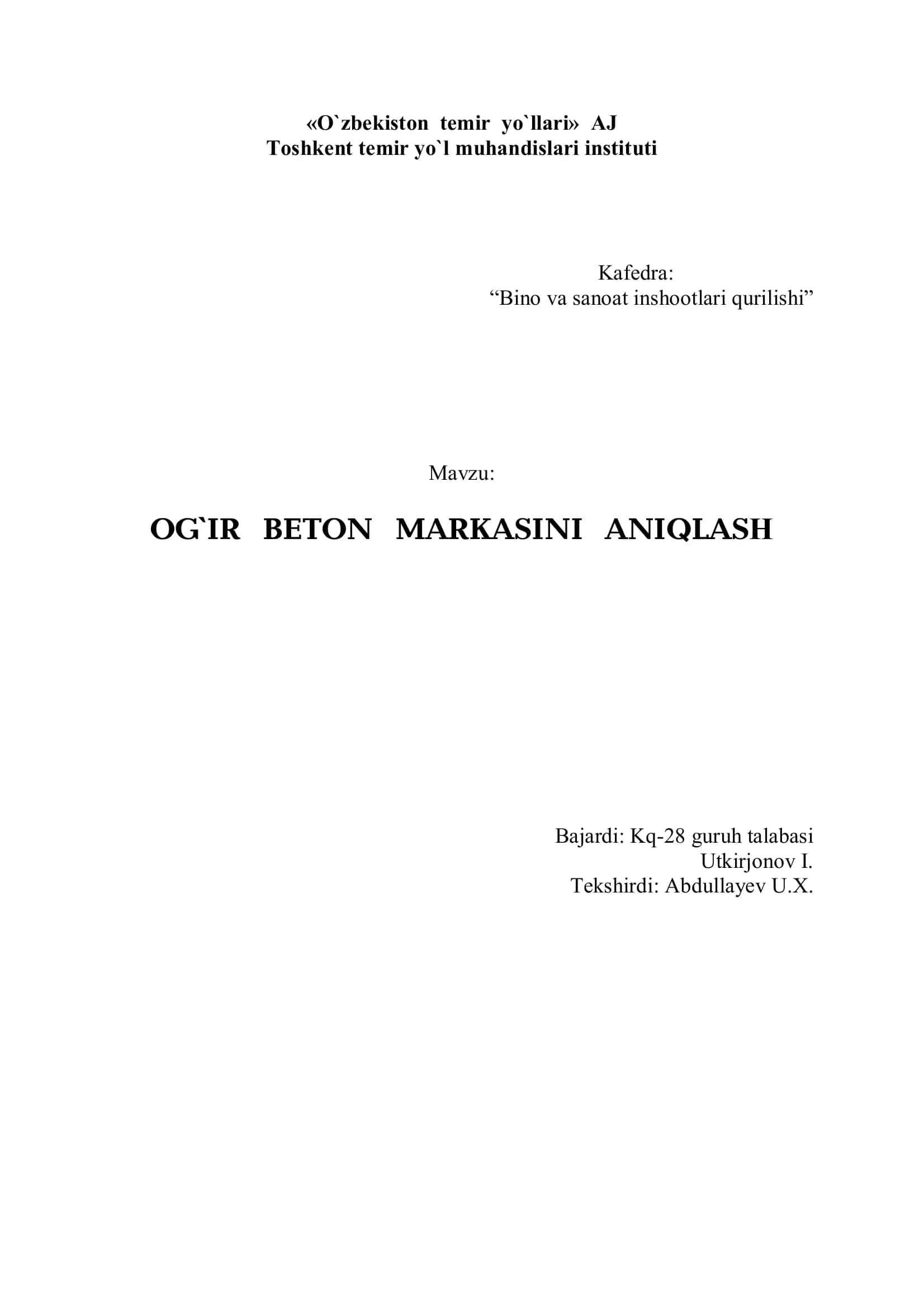 OG`IR BЕTON MARKASINI ANIQLASН