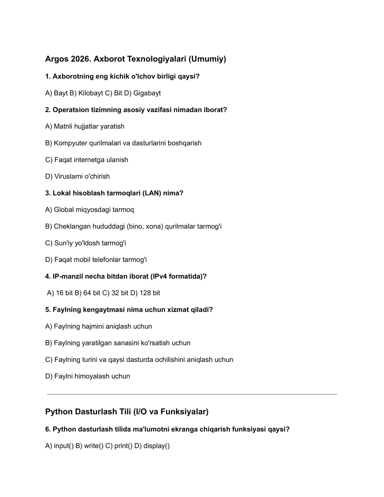 Argos Axborot texnologiya test 2026 189ta+javoblar bilan