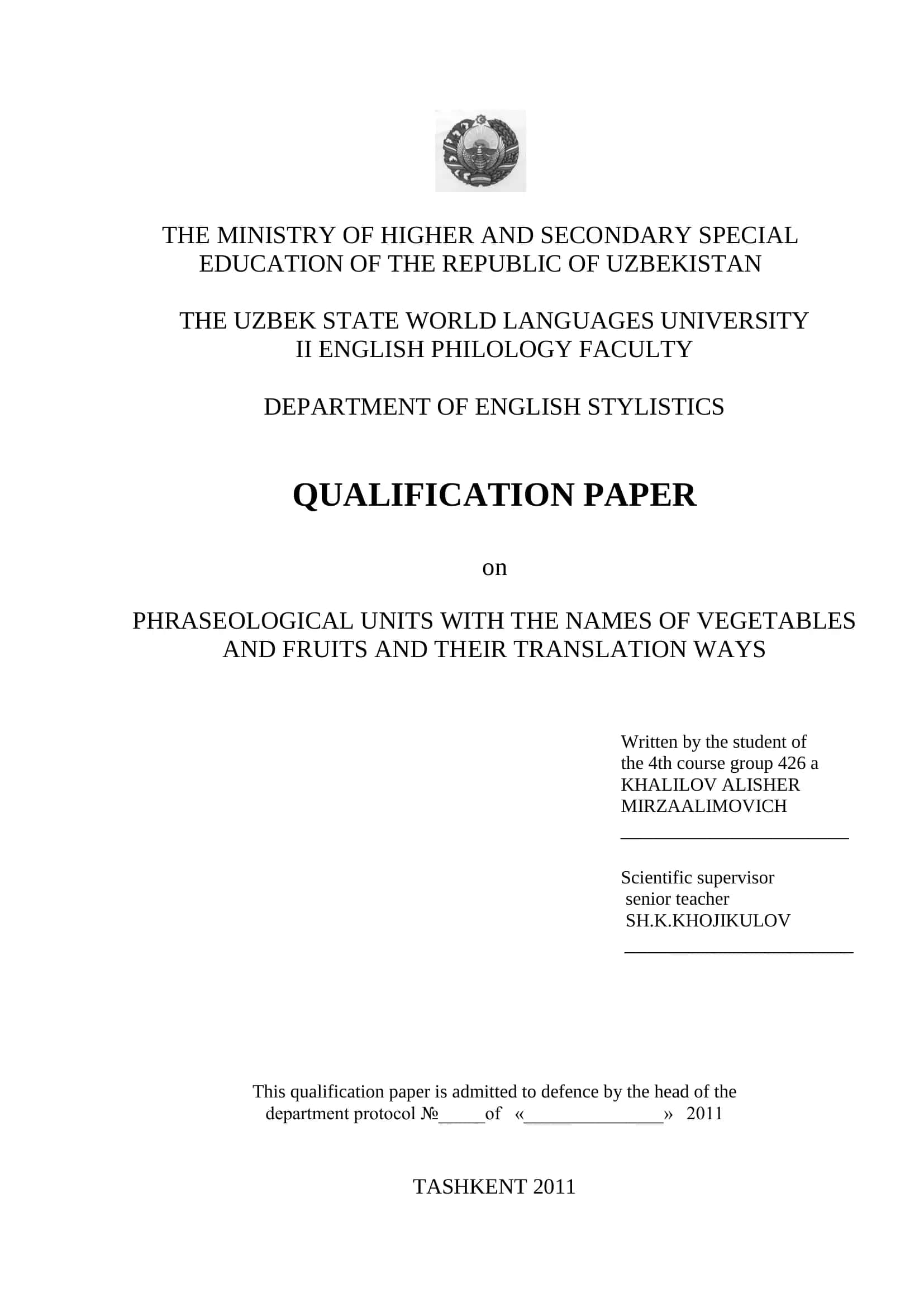 QUALIFICATION PAPER on PHRASEOLOGICAL UNITS WITH THE NAMES OF VEGETABLES AND FRUITS AND THEIR TRANSLATION WAYS