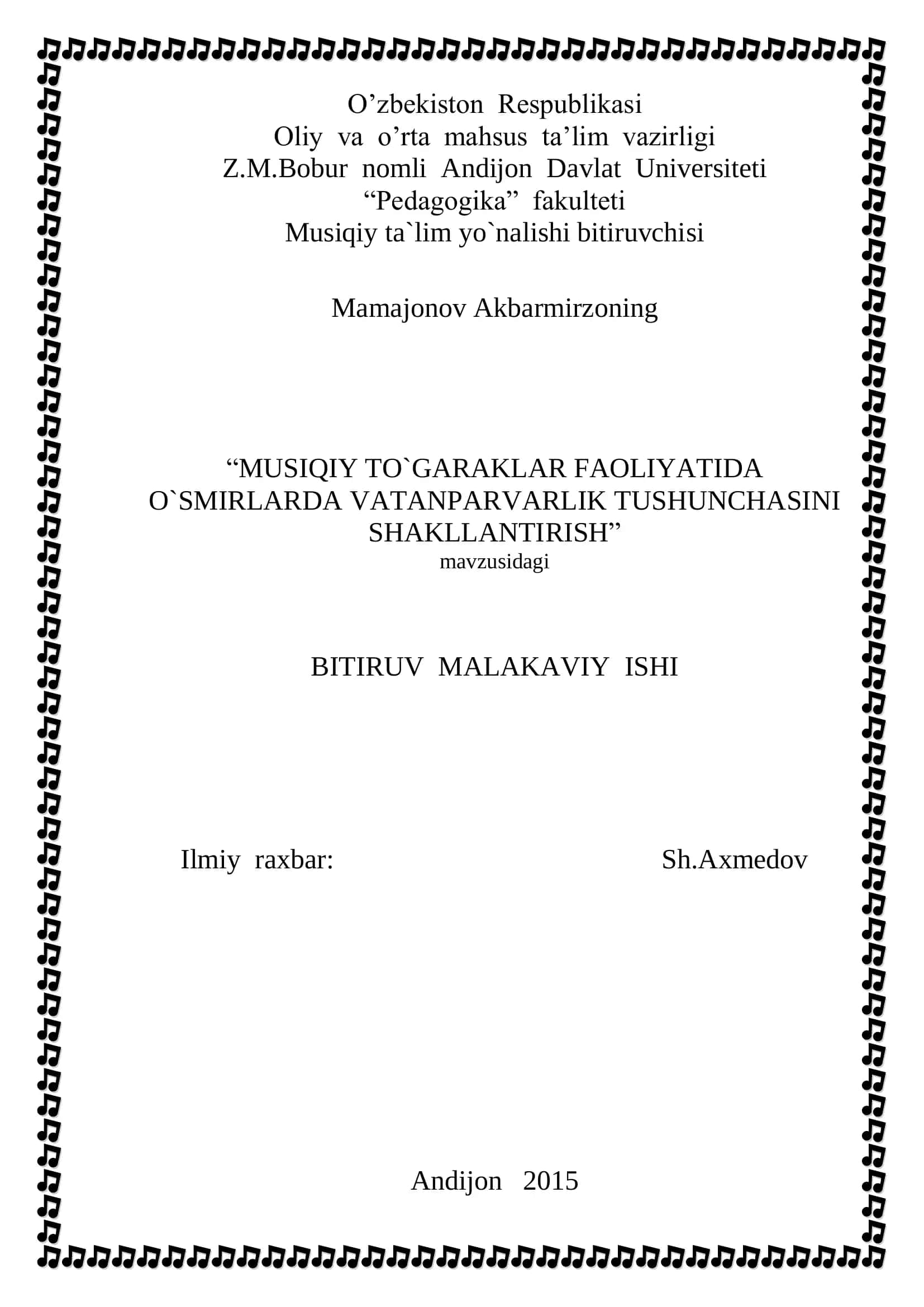 MUSIQIY TO`GARAKLAR FAOLIYATIDA O`SMIRLARDA VATANPARVARLIK TUSHUNCHASINI SHAKLLANTIRISH