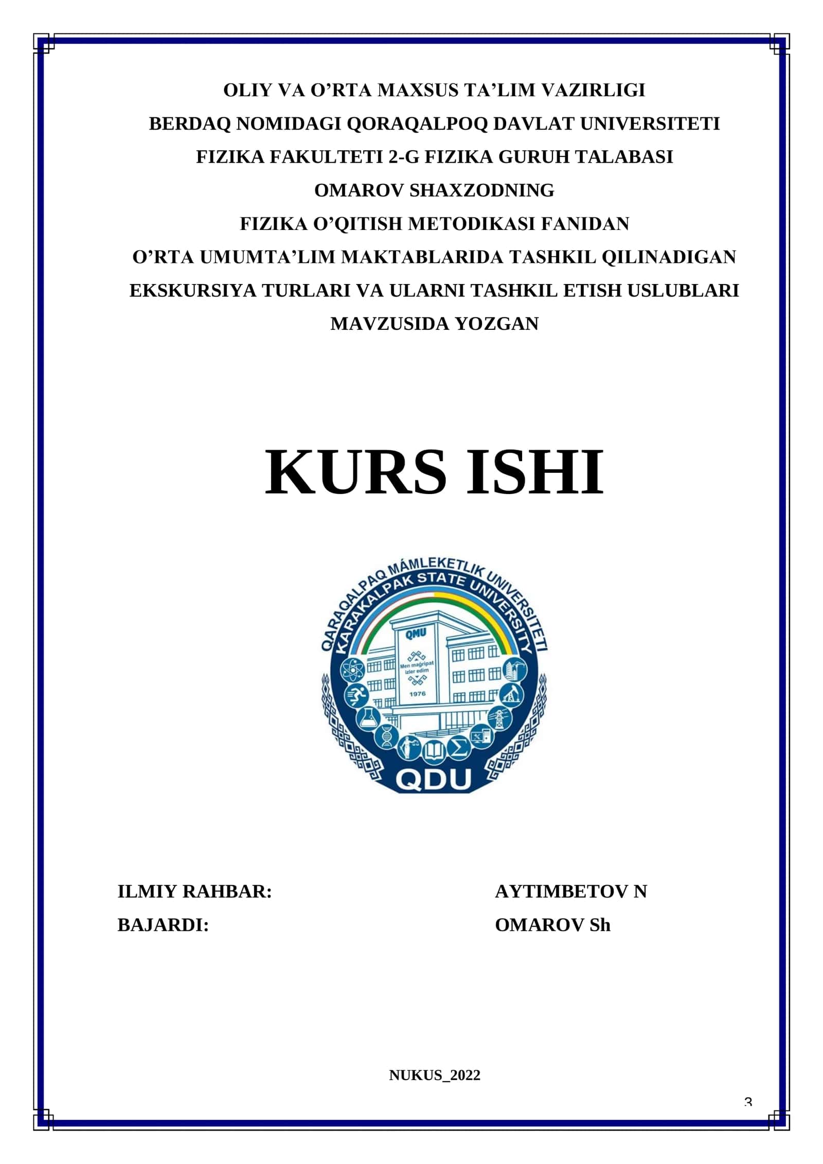 FIZIKA O’QITISH METODIKASI FANIDAN O’RTA UMUMTA’LIM MAKTABLARIDA TASHKIL QILINADIGAN EKSKURSIYA TURLARI VA ULARNI TASHKIL ETISH USLUBLARI