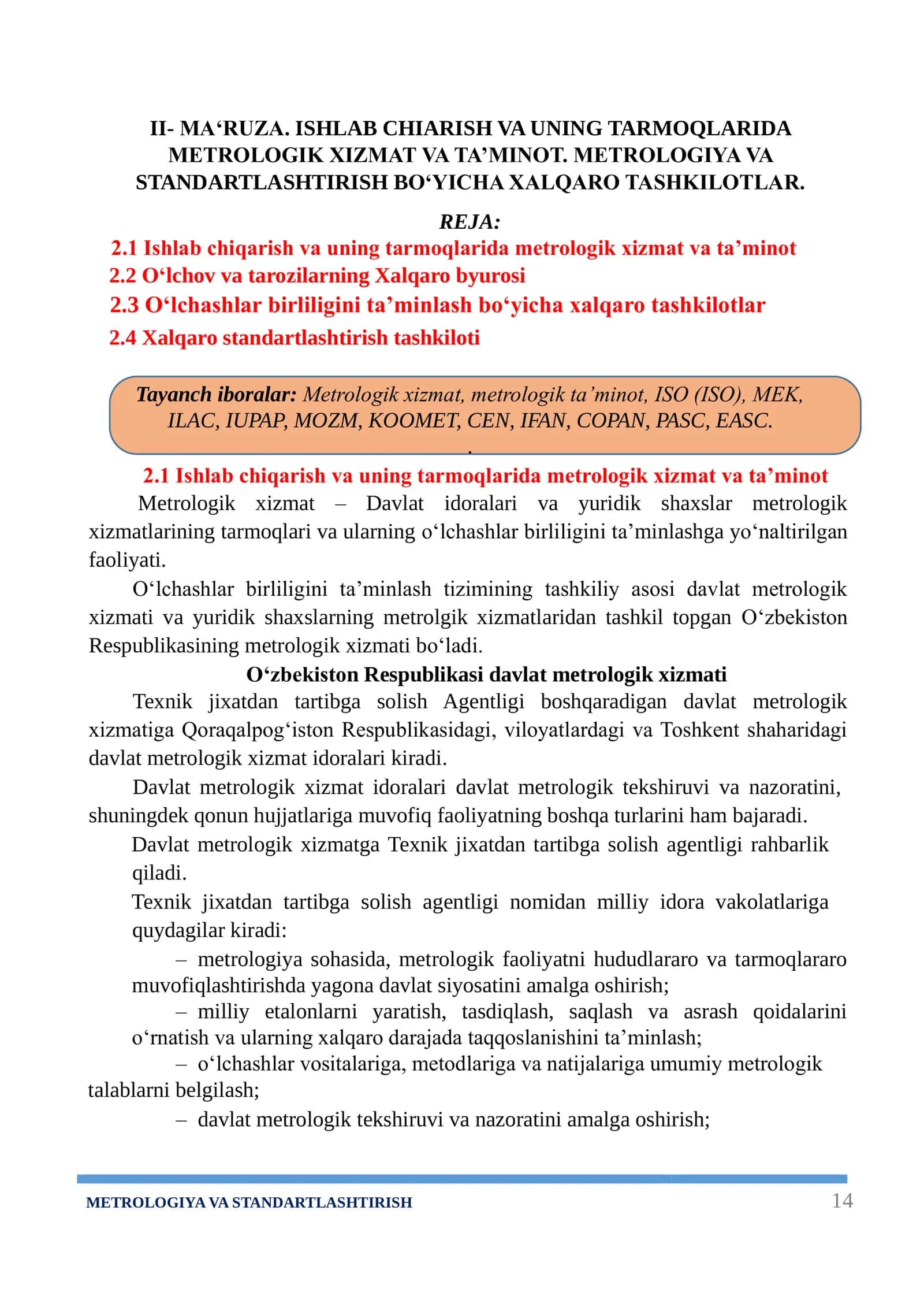 METROLOGIYA VA STANDARTLASHTIRISH