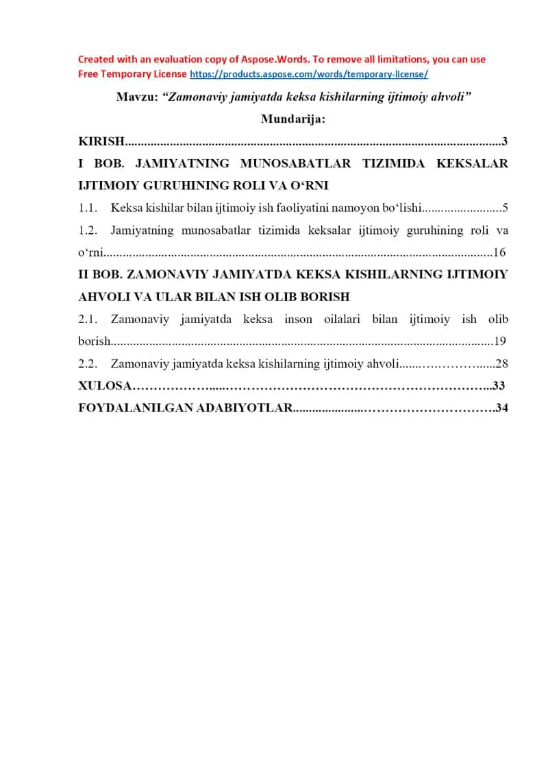 Zamonaviy jamiyatda keksalar bilan ijtimoiy ish (kurs ishi)