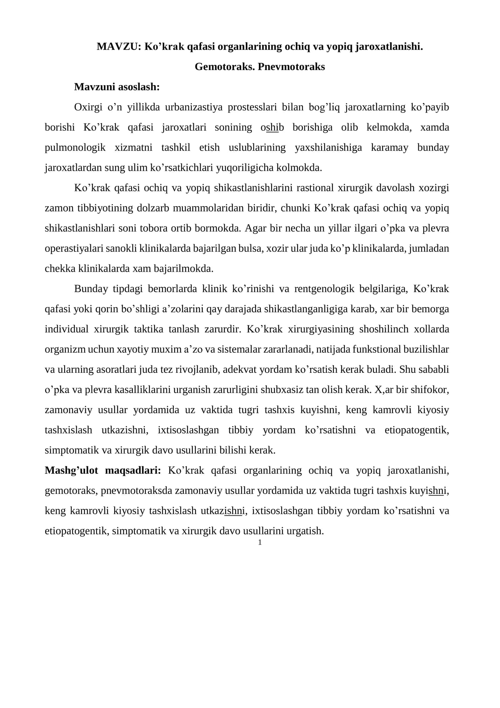 Ko’krak qafasi organlarining ochiq va yopiq jaroxatlanishi
