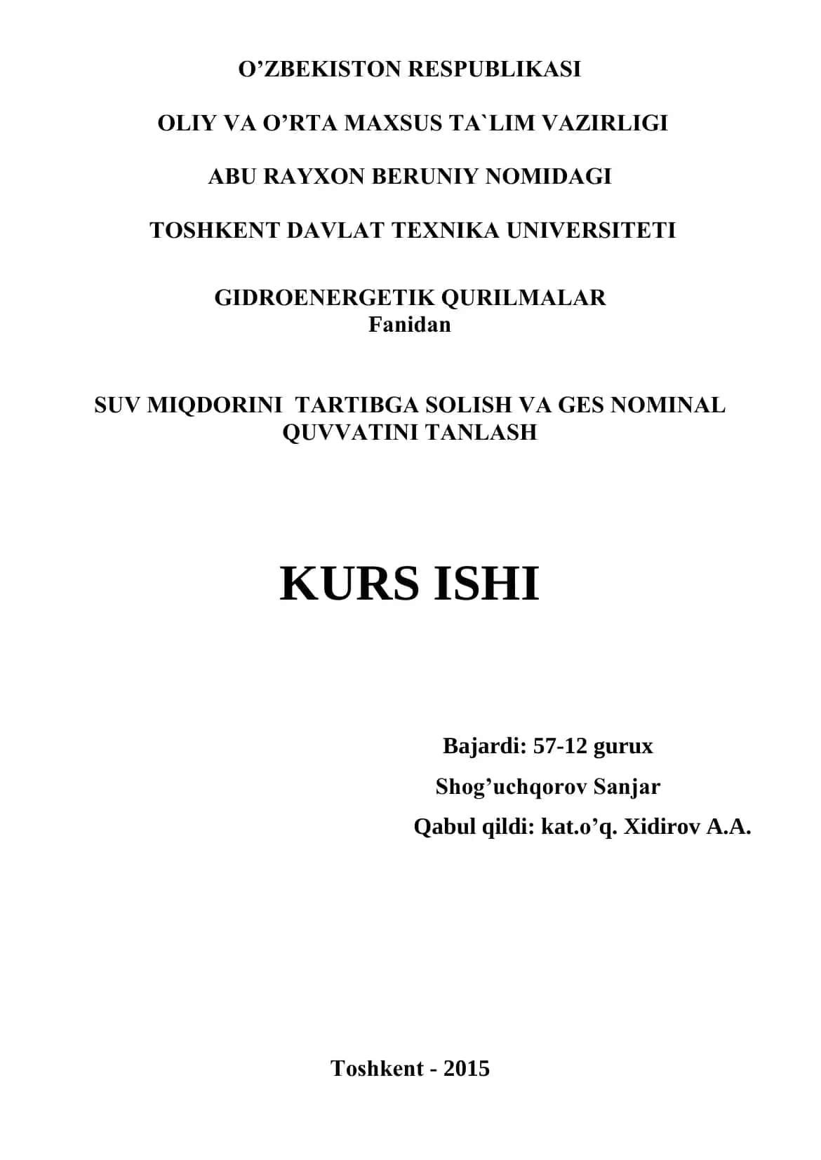 SUV MIQDОRINI TАRTIBGА SОLISH VА GES NОMINАL QUVVАTINI TАNLАSH KURS ISHI