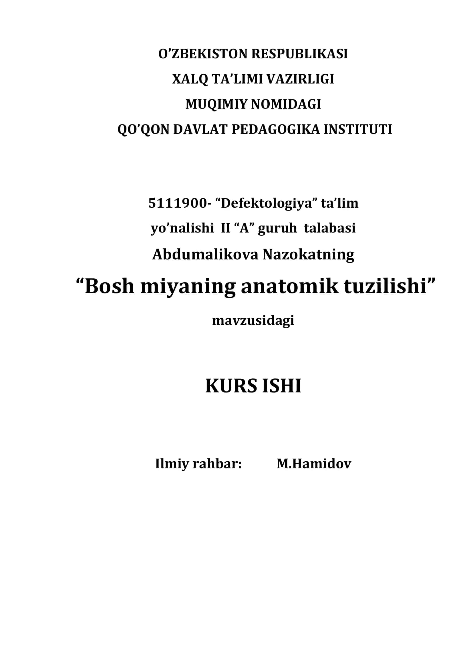 "Bosh miyaning anatomik tuzilishi"