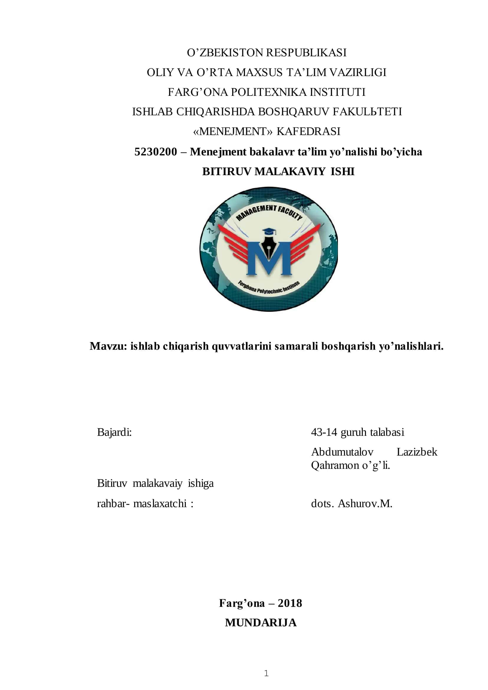 ISHLAB CHIQARISHDA BOSHQARUV FAKULЬTETI BITIRUV MALAKAVIY ISHI