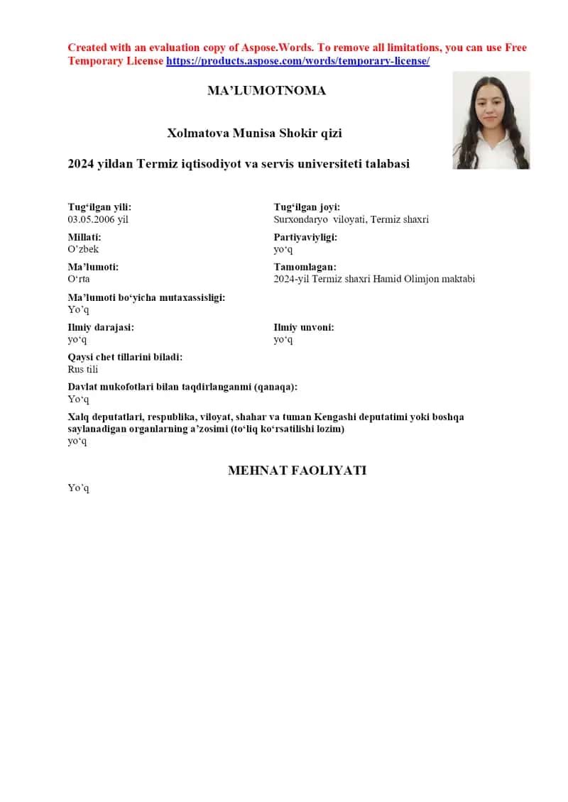 Xolmatova Munisa Shokir qizi