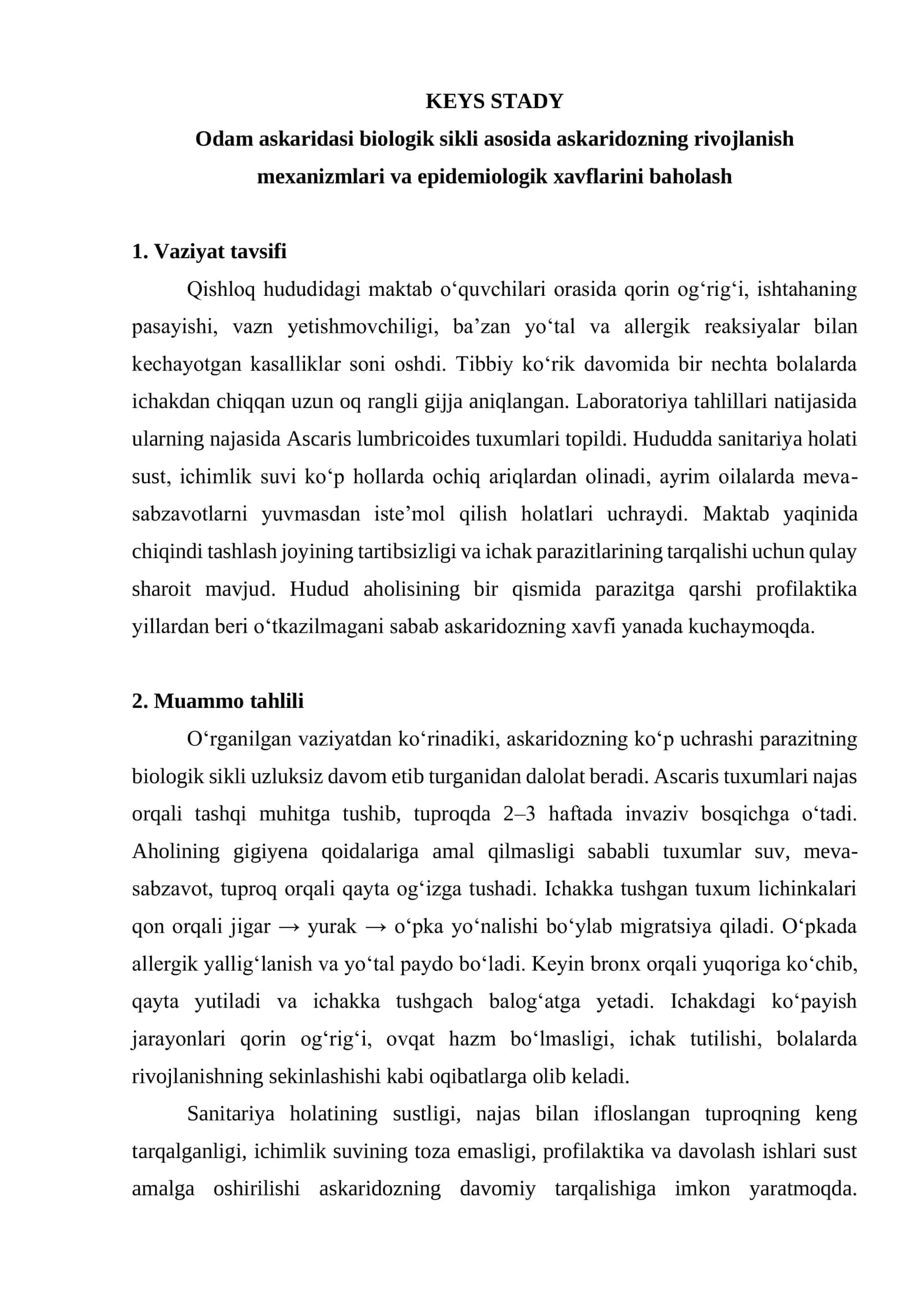Odam askaridasi biologik sikli asosida askaridozning rivojlanish mexanizmlari va epidemiologik xavflarini baholash