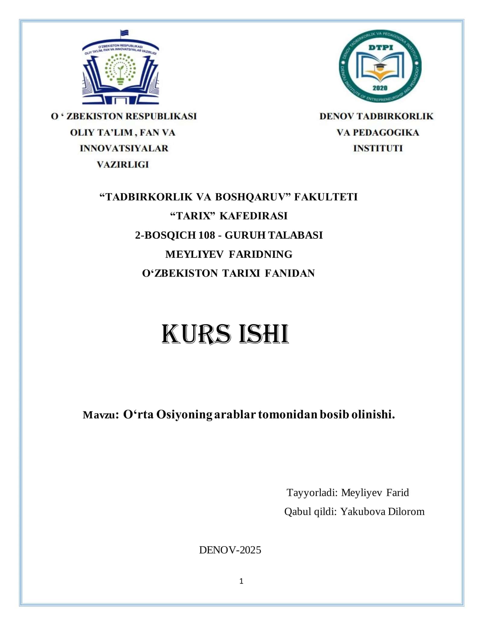 O‘ZBEKISTON TARIXIDAN KURS ISHI