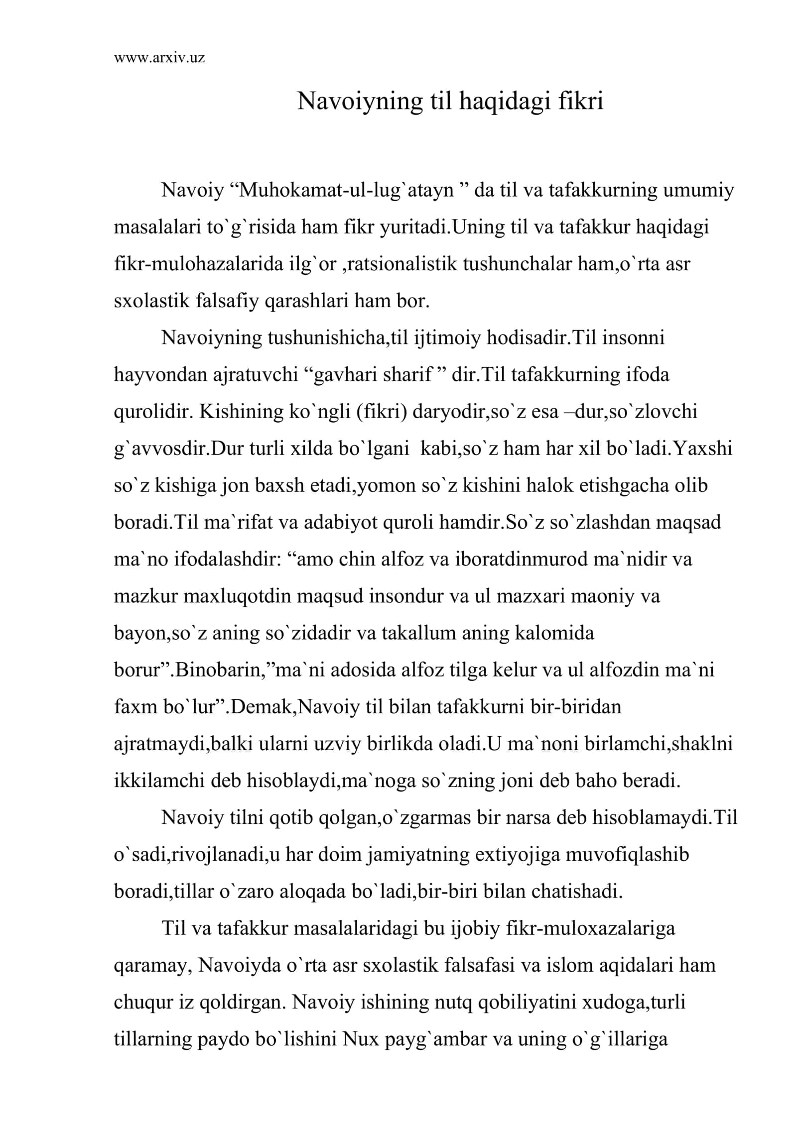 Navoiyning til haqidagi fikri