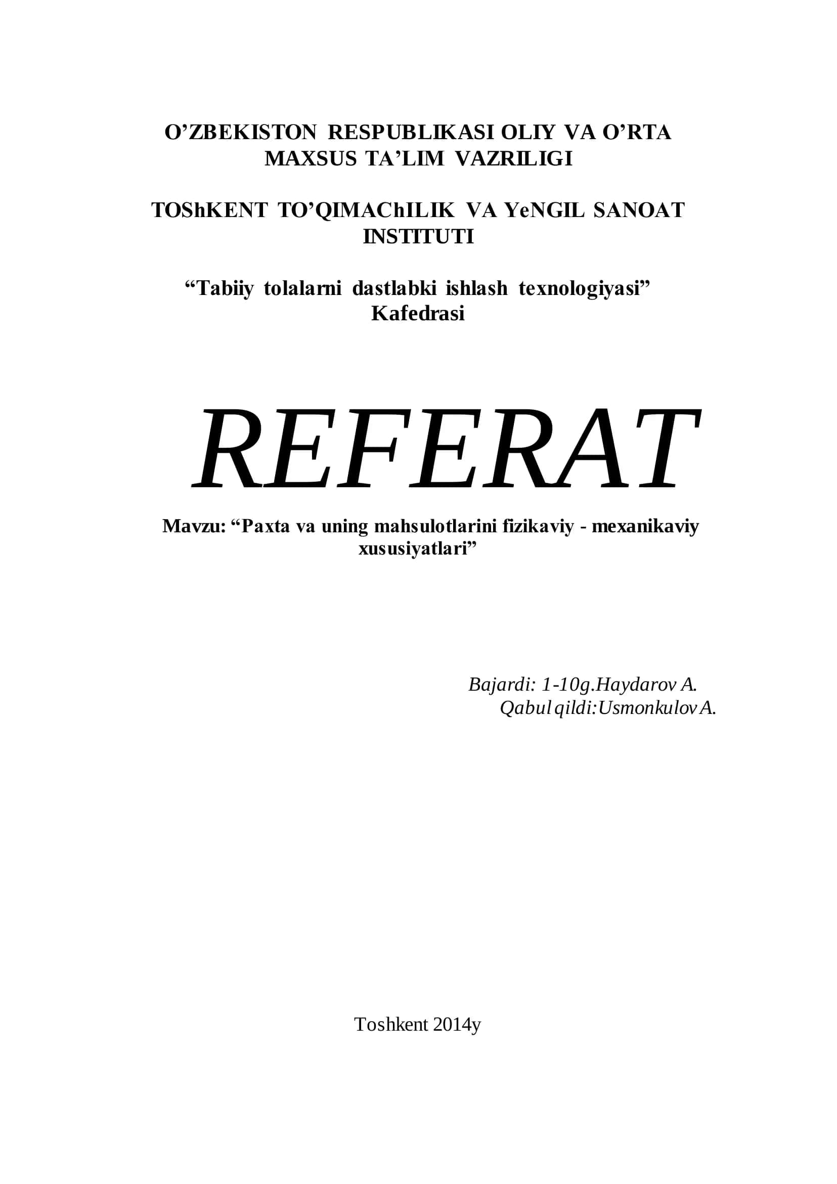 "Tabiiy tolalarni dastlabki ishlash texnologiyasi"