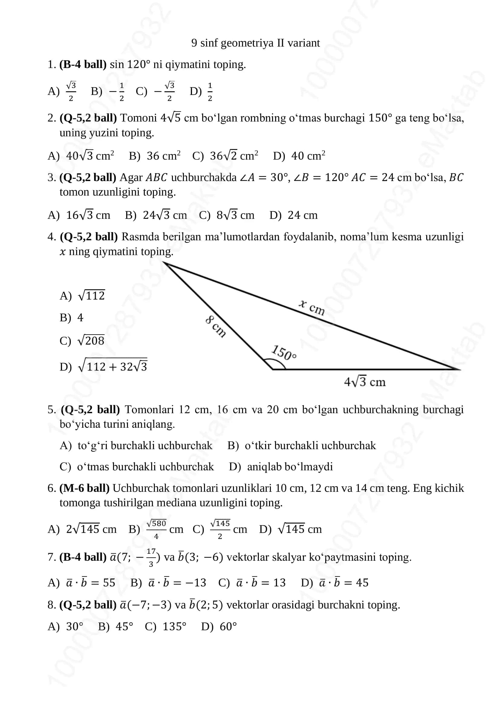 9 sinf geometriya II variant