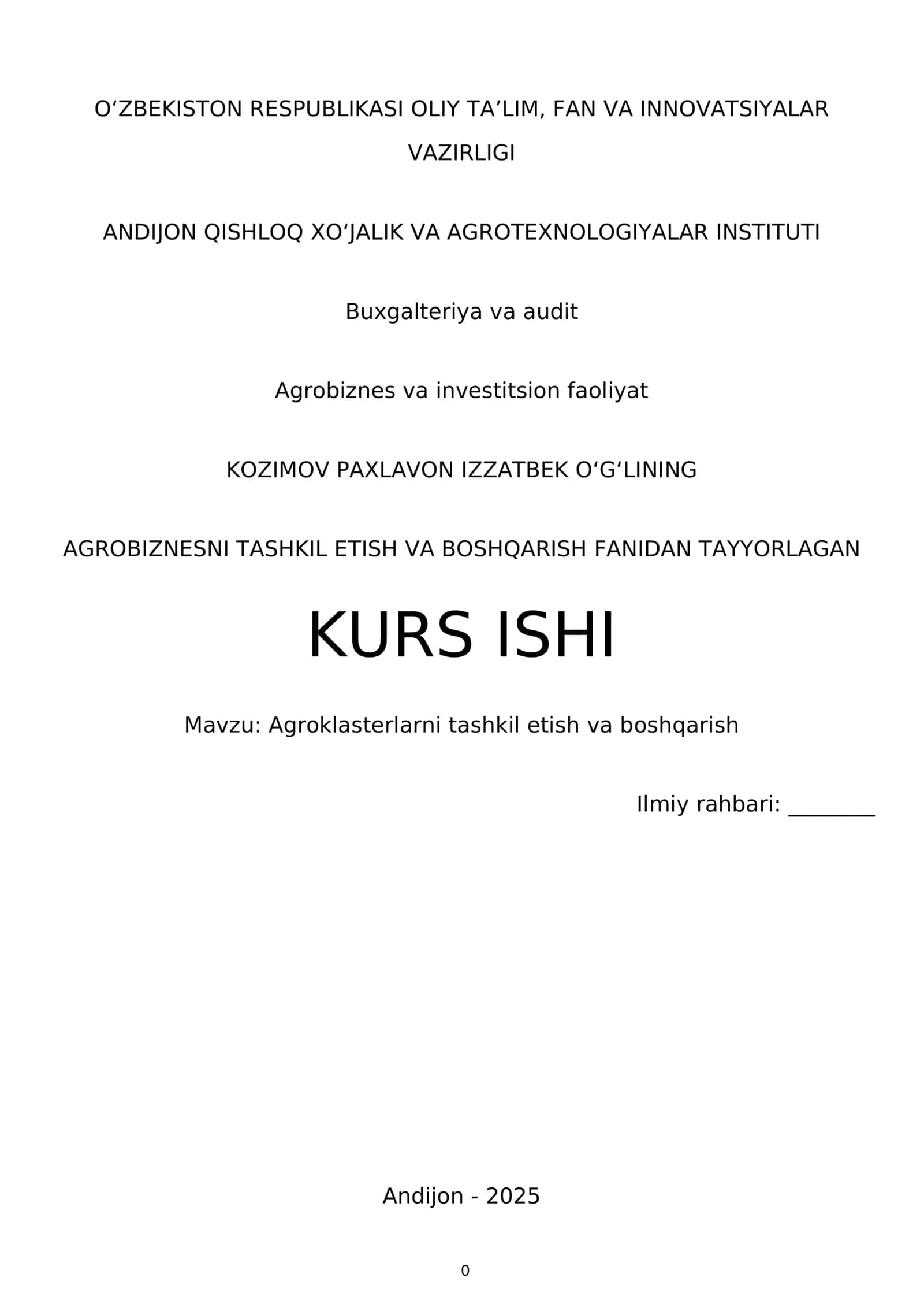 Agroklasterlarni tashkil etish va boshqarish kursi