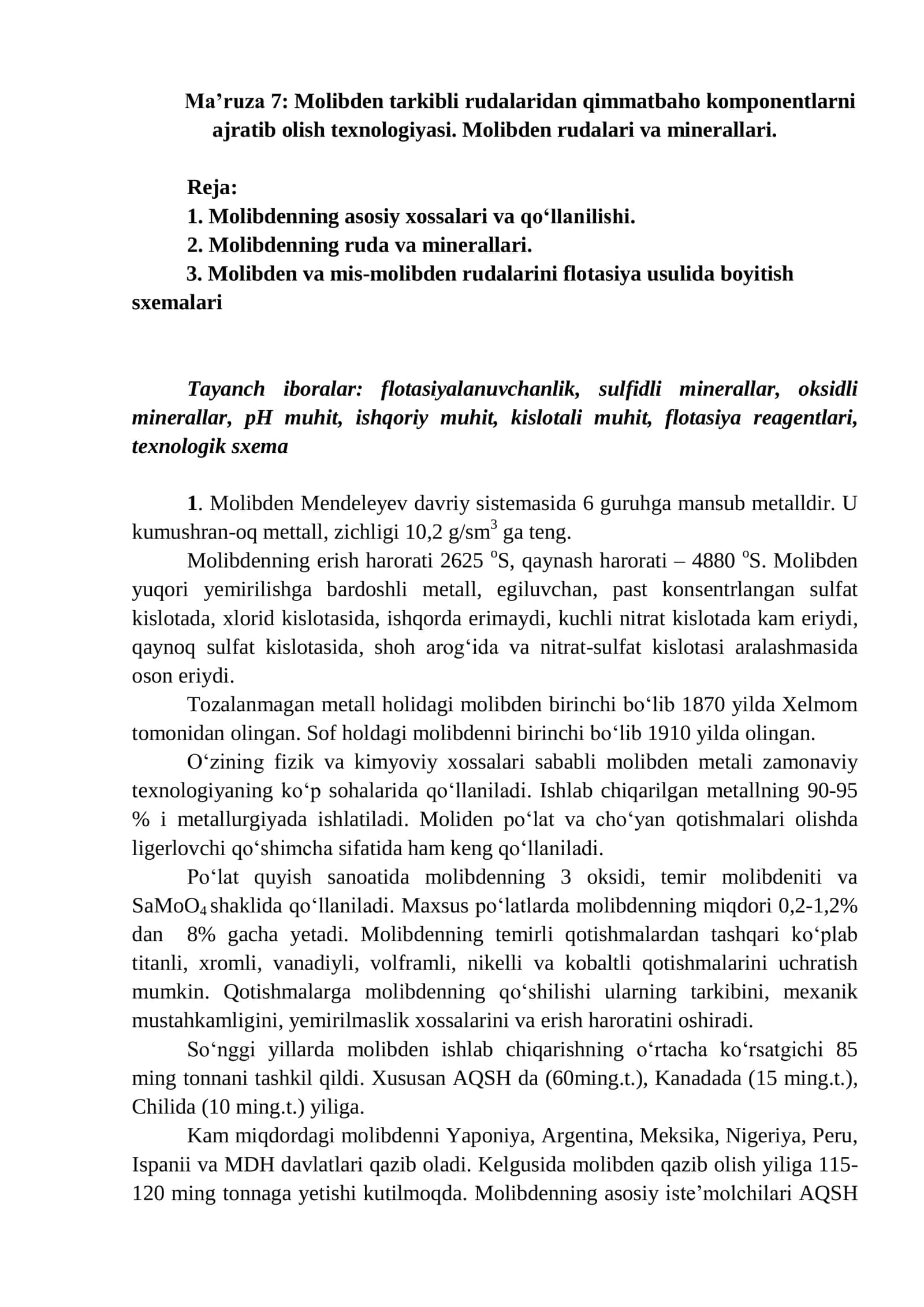 Molibden tarkibli rudalar va minerallari