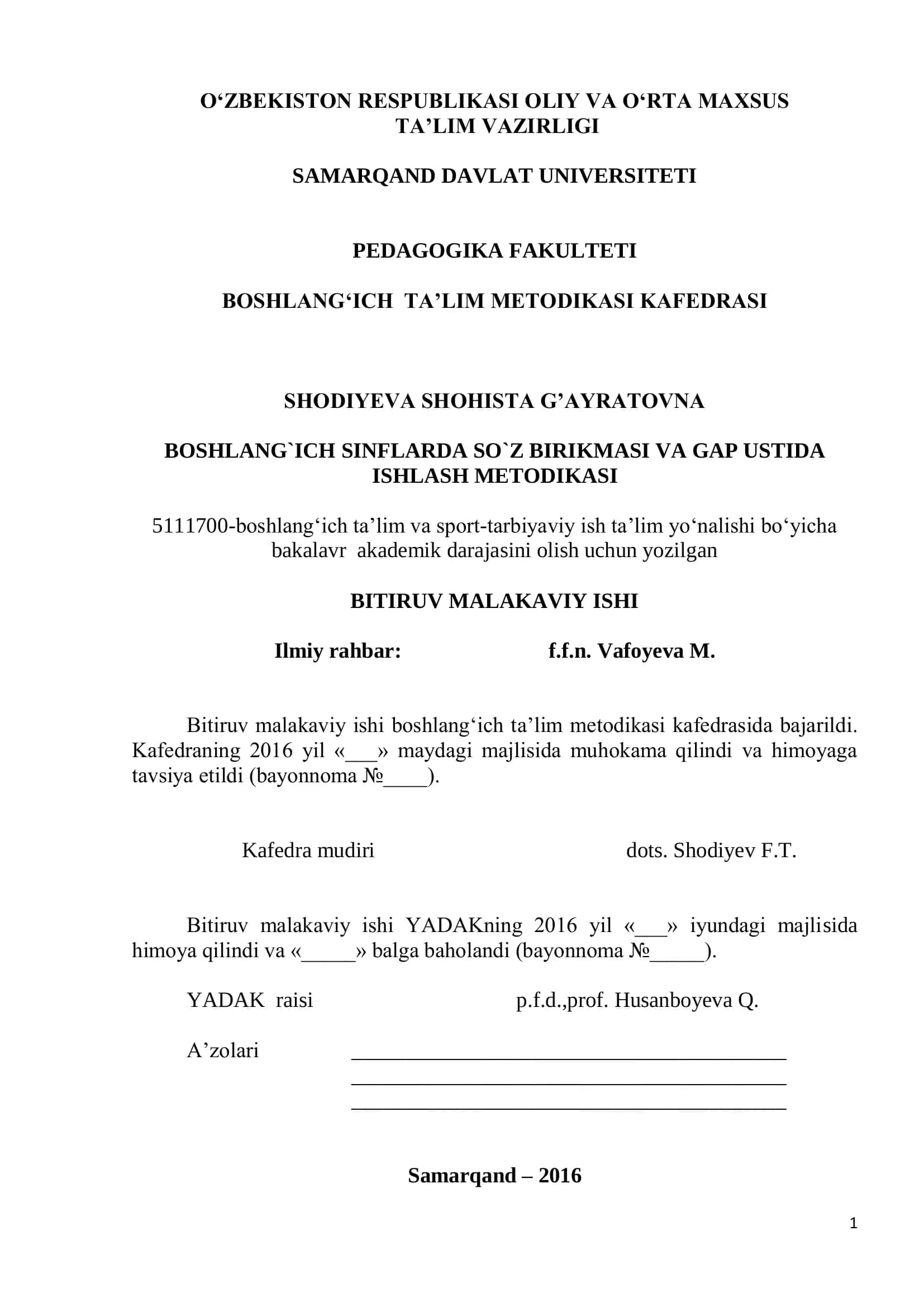 Boshlang`ich sinflarda so`z birikmasi va gap ustida ishlash metodikasi