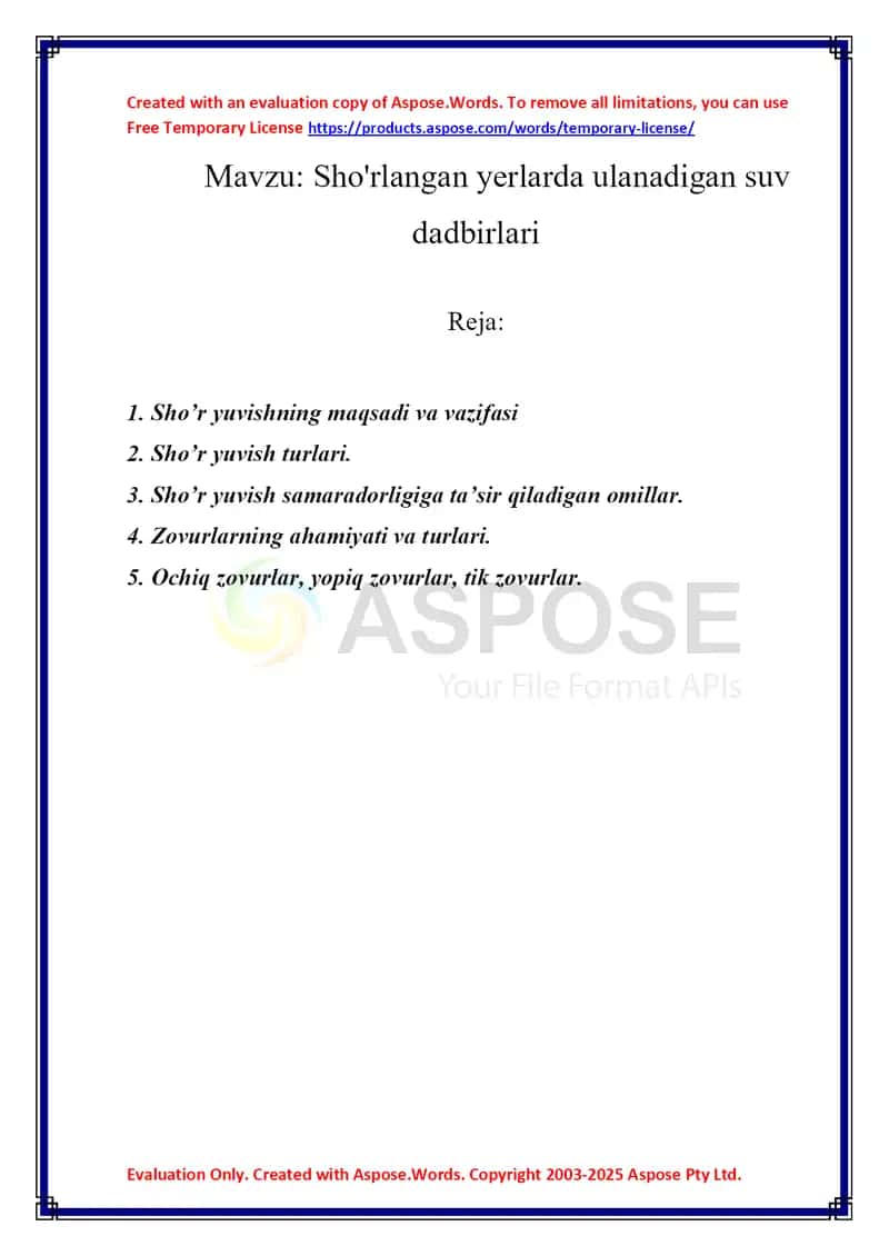 Sho'rlangan yerlarda ulanadigan suv dadbirlari
